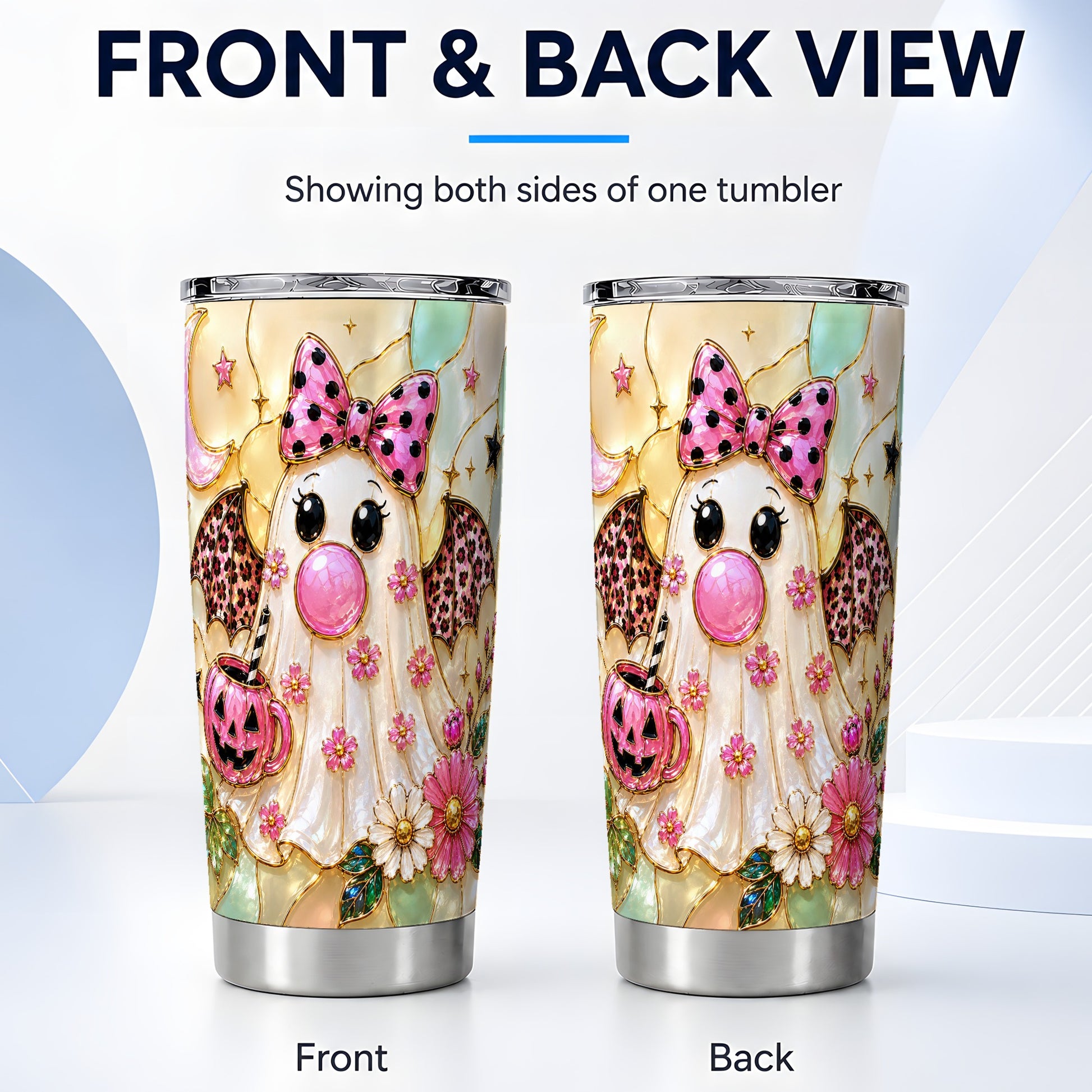 #pl[Steel] Pink Bow Ghost Tumbler 20oz, Halloween Tumbler, Stainless Steel Travel Cup