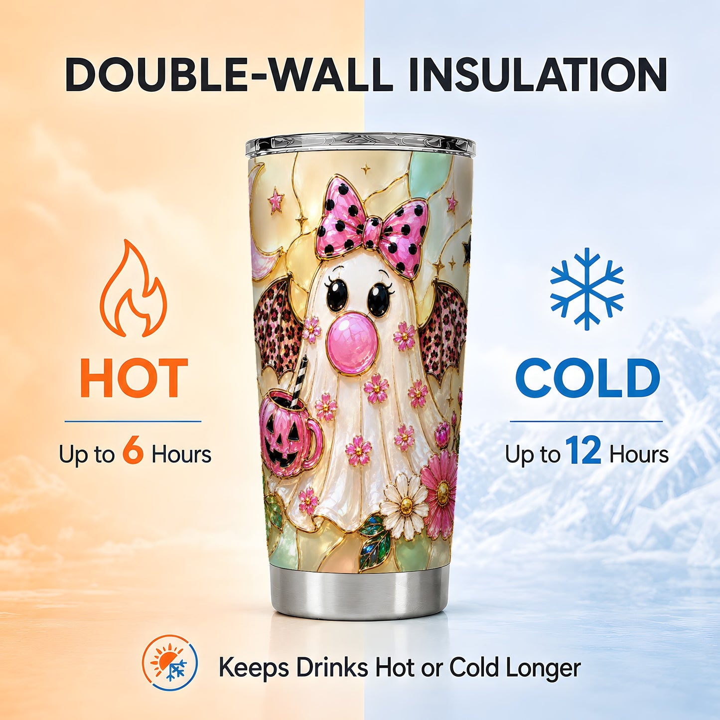 #pl[Steel] Pink Bow Ghost Tumbler 20oz, Halloween Tumbler, Stainless Steel Travel Cup