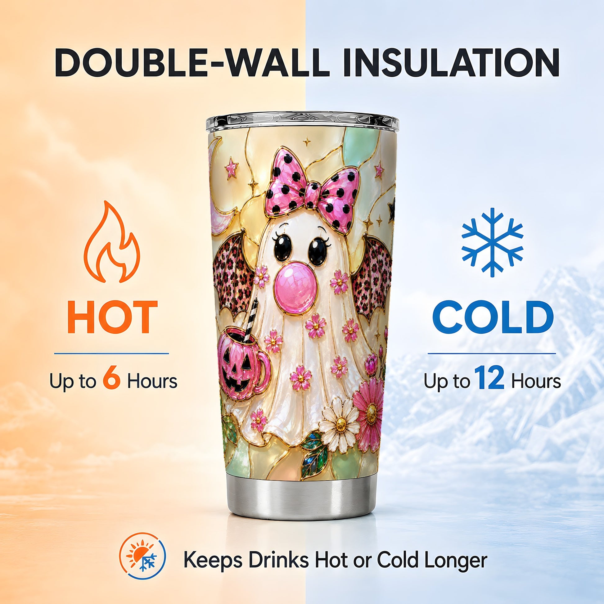 #pl[Steel] Pink Bow Ghost Tumbler 20oz, Halloween Tumbler, Stainless Steel Travel Cup