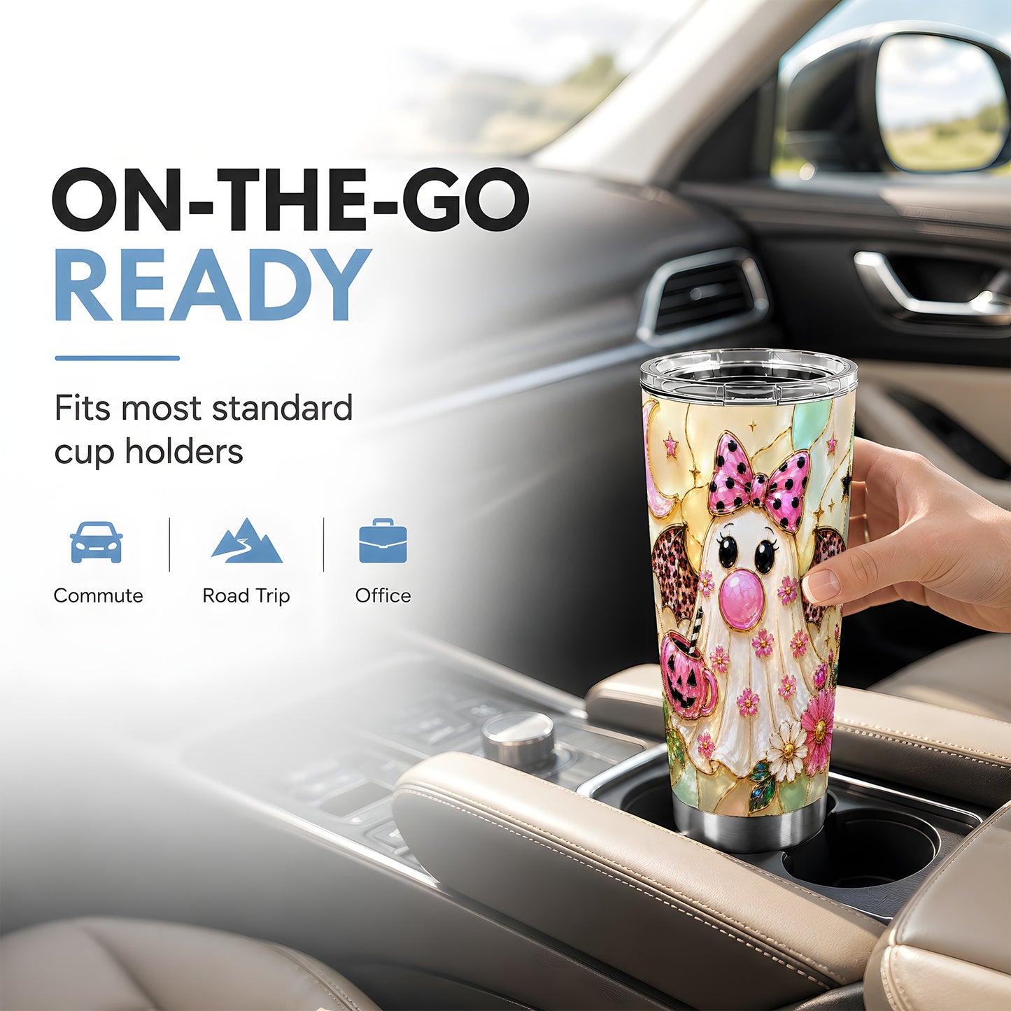 #pl[Steel] Pink Bow Ghost Tumbler 20oz, Halloween Tumbler, Stainless Steel Travel Cup
