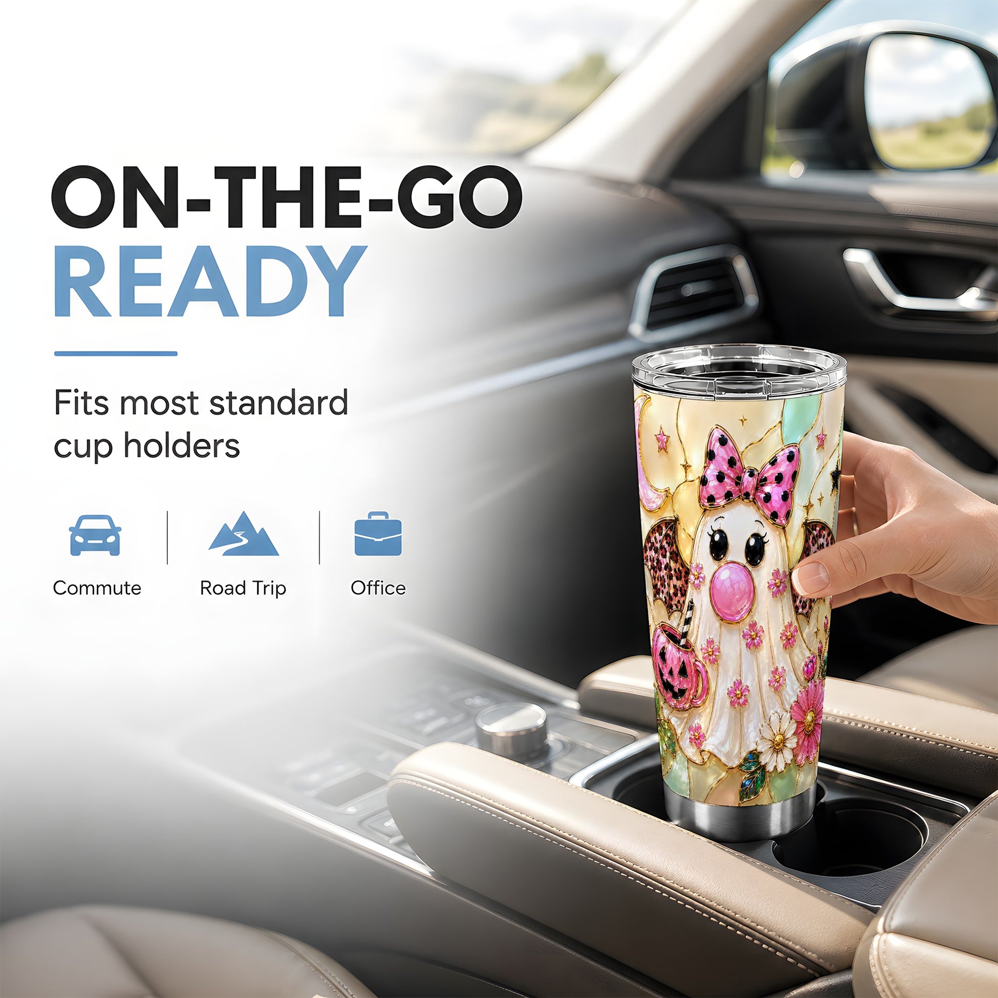#pl[Steel] Pink Bow Ghost Tumbler 20oz, Halloween Tumbler, Stainless Steel Travel Cup