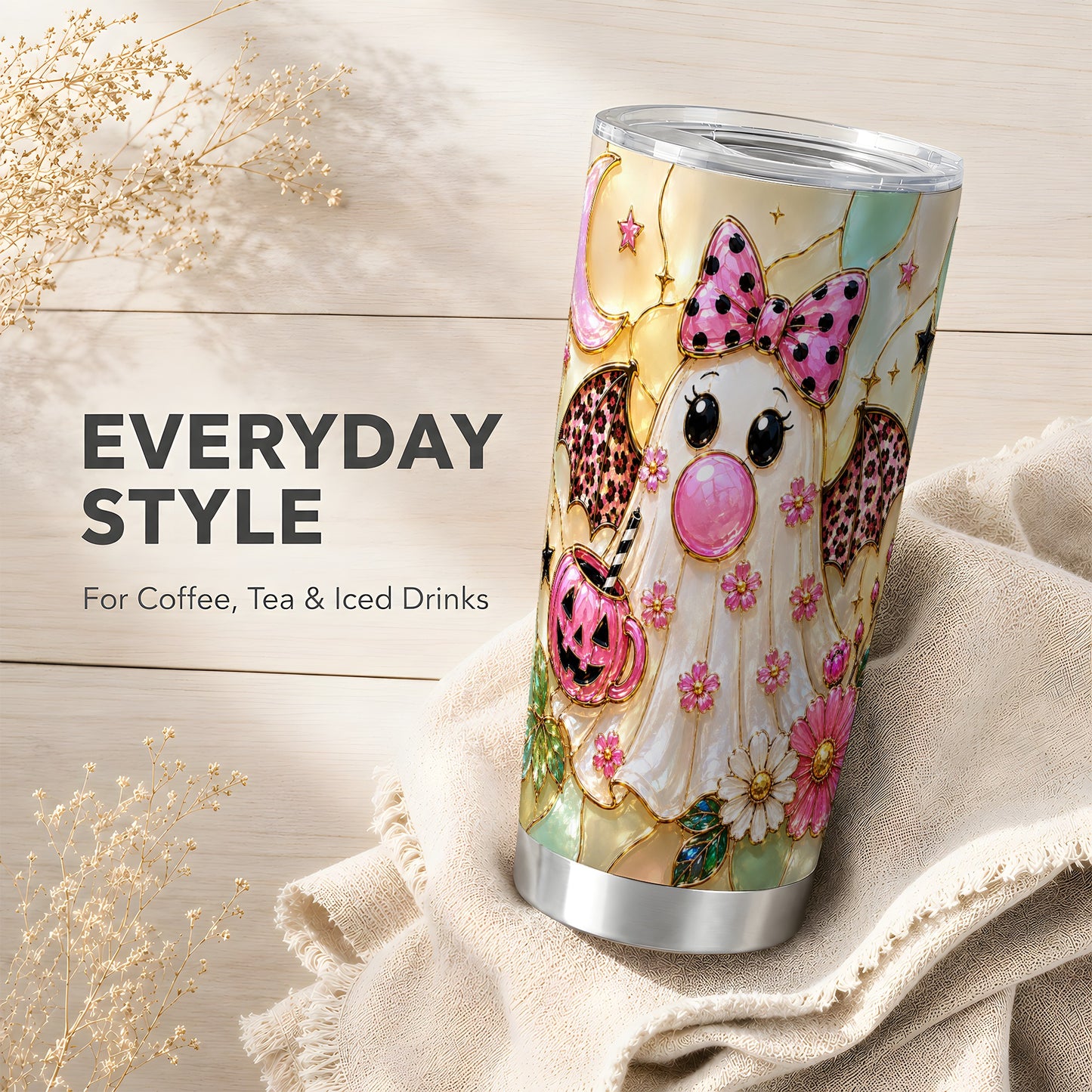 #pl[Steel] Pink Bow Ghost Tumbler 20oz, Halloween Tumbler, Stainless Steel Travel Cup