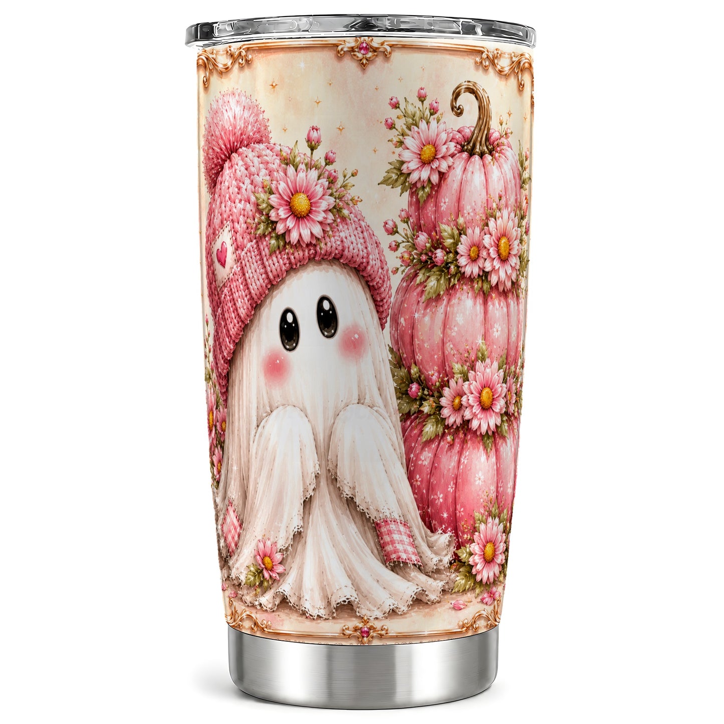 #pl[Steel] Pink Pumpkin 20oz Tumbler, Floral Ghost Tumbler, Stainless Steel Travel Cup