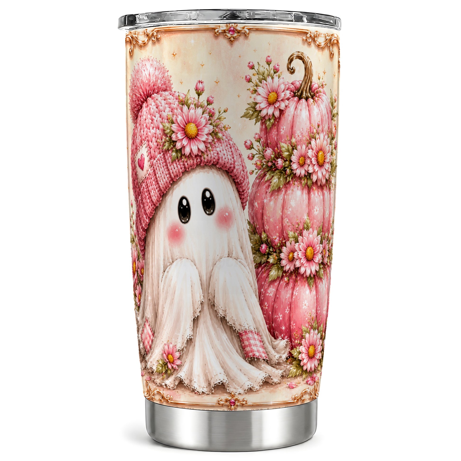 #pl[Steel] Pink Pumpkin 20oz Tumbler, Floral Ghost Tumbler, Stainless Steel Travel Cup