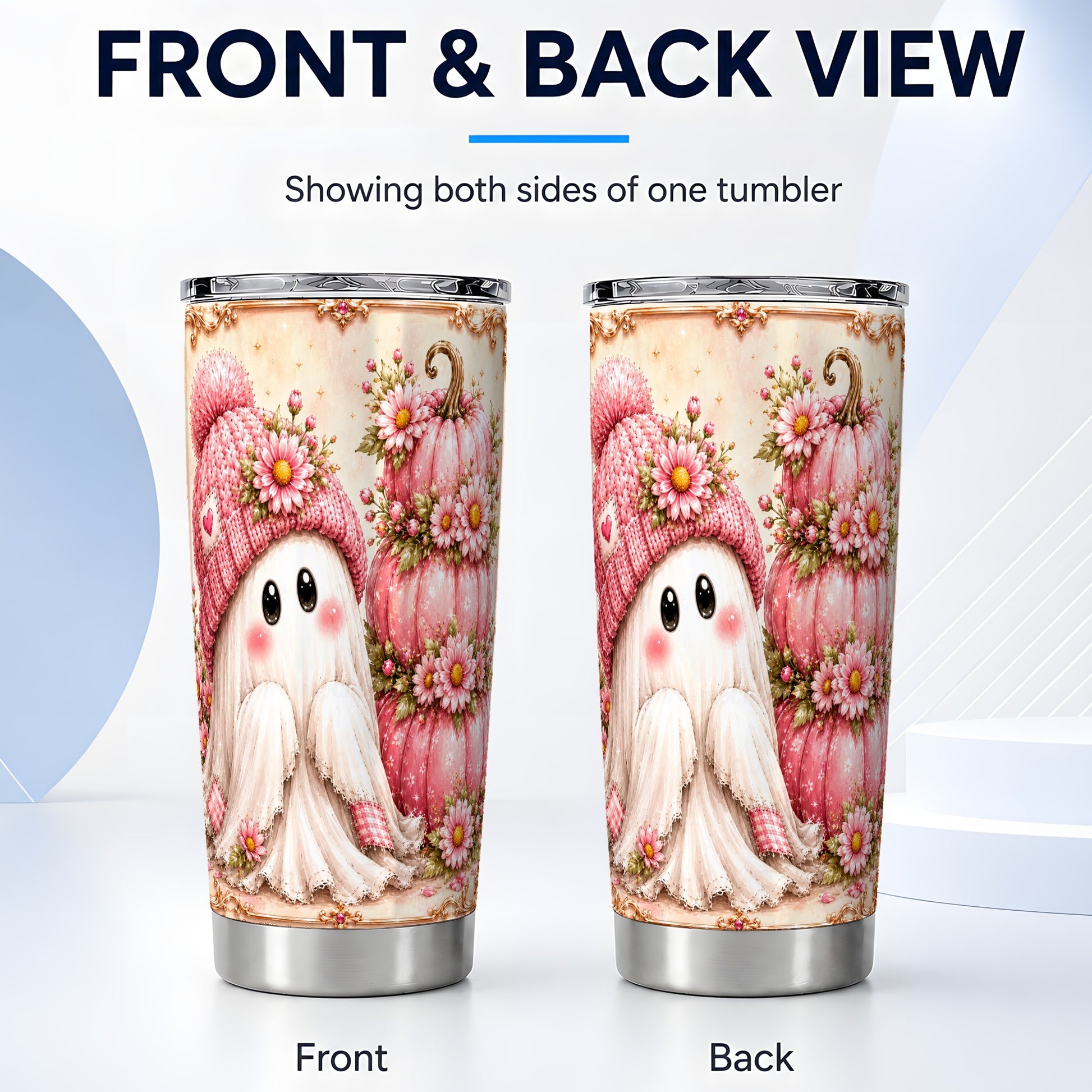#pl[Steel] Pink Pumpkin 20oz Tumbler, Floral Ghost Tumbler, Stainless Steel Travel Cup