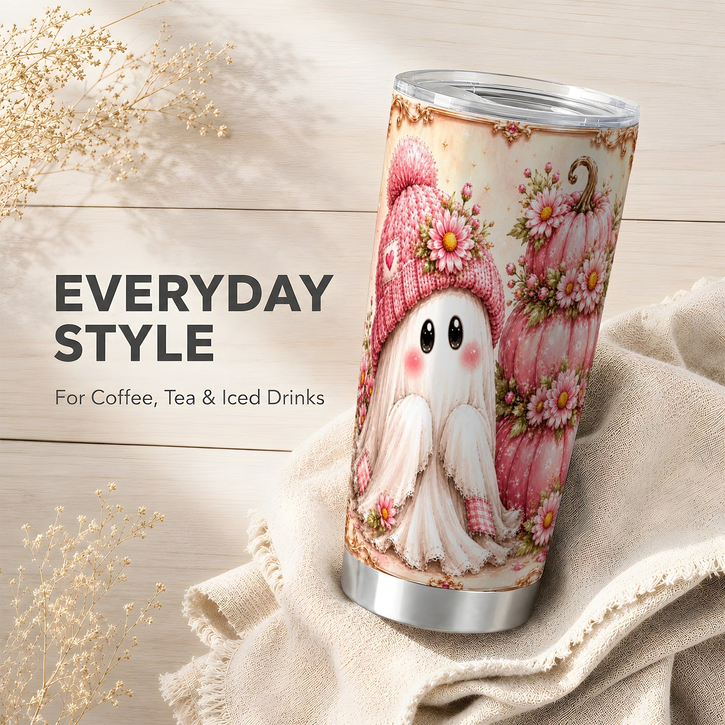 #pl[Steel] Pink Pumpkin 20oz Tumbler, Floral Ghost Tumbler, Stainless Steel Travel Cup