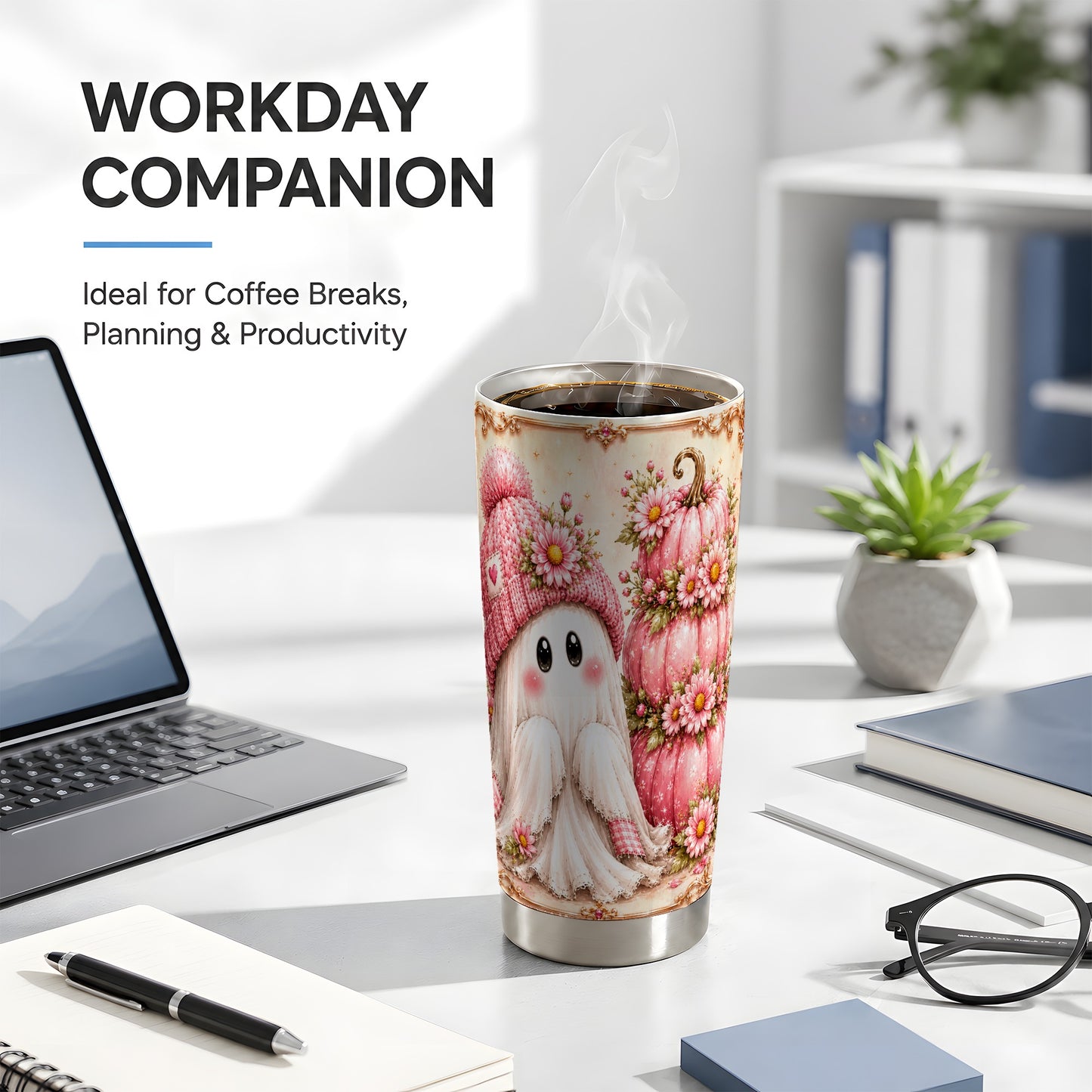 #pl[Steel] Pink Pumpkin 20oz Tumbler, Floral Ghost Tumbler, Stainless Steel Travel Cup
