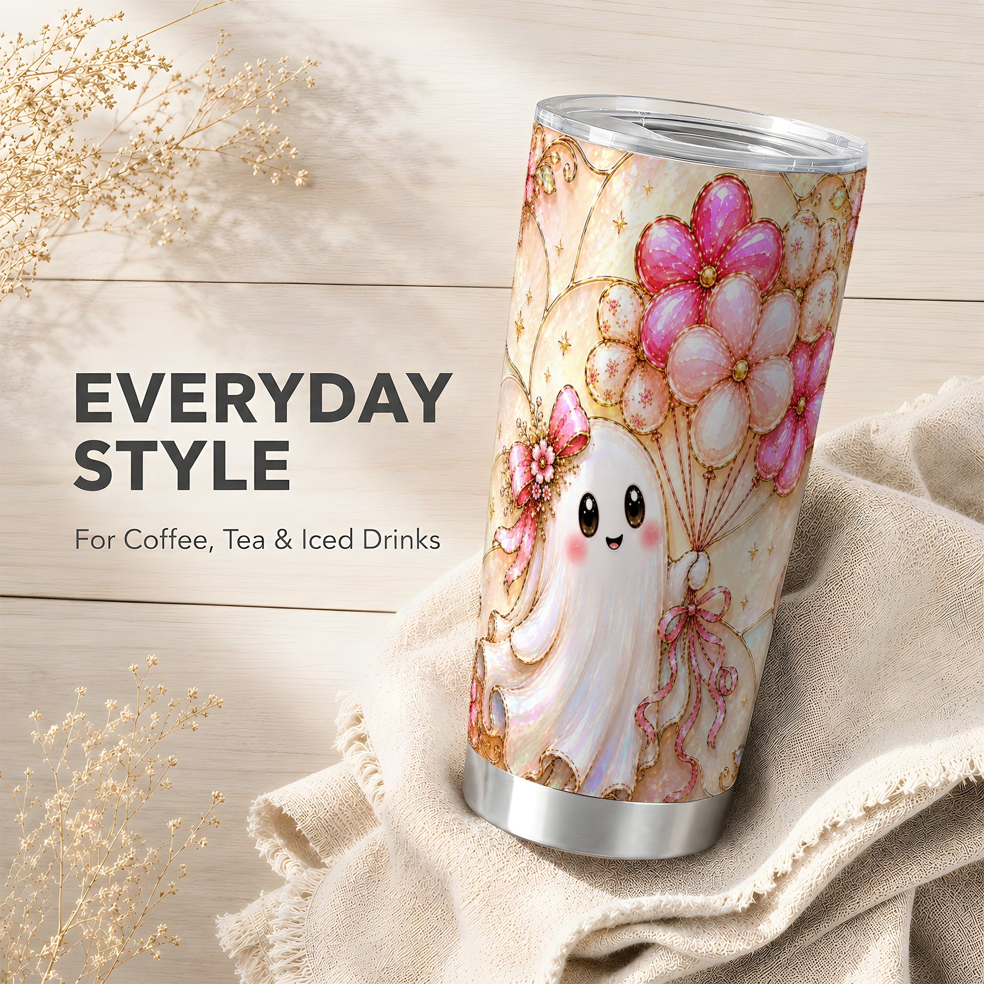 #pl[Steel] Ghost Balloon 20oz Tumbler, Floral Tumbler, Stainless Steel Travel Cup