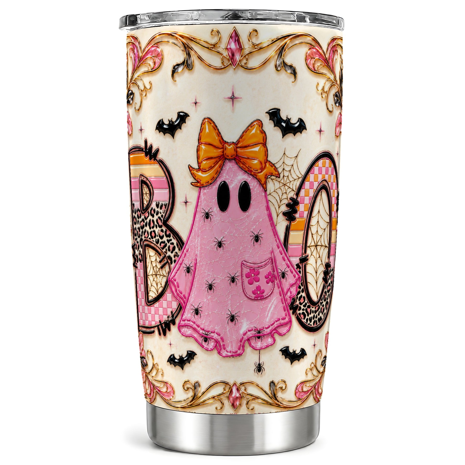 #pl[Steel] Pink Ghost Tumbler 20oz, Halloween Tumbler, Stainless Steel Travel Cup