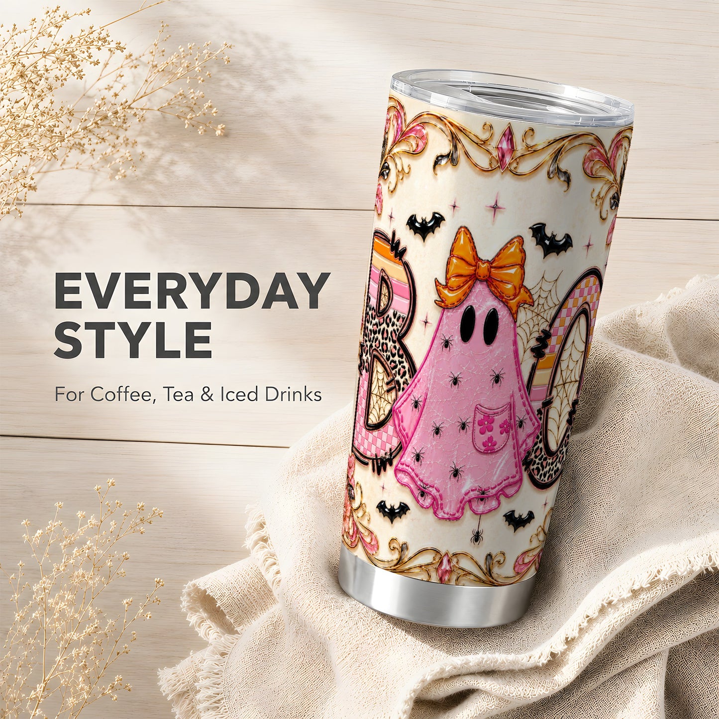 #pl[Steel] Pink Ghost Tumbler 20oz, Halloween Tumbler, Stainless Steel Travel Cup