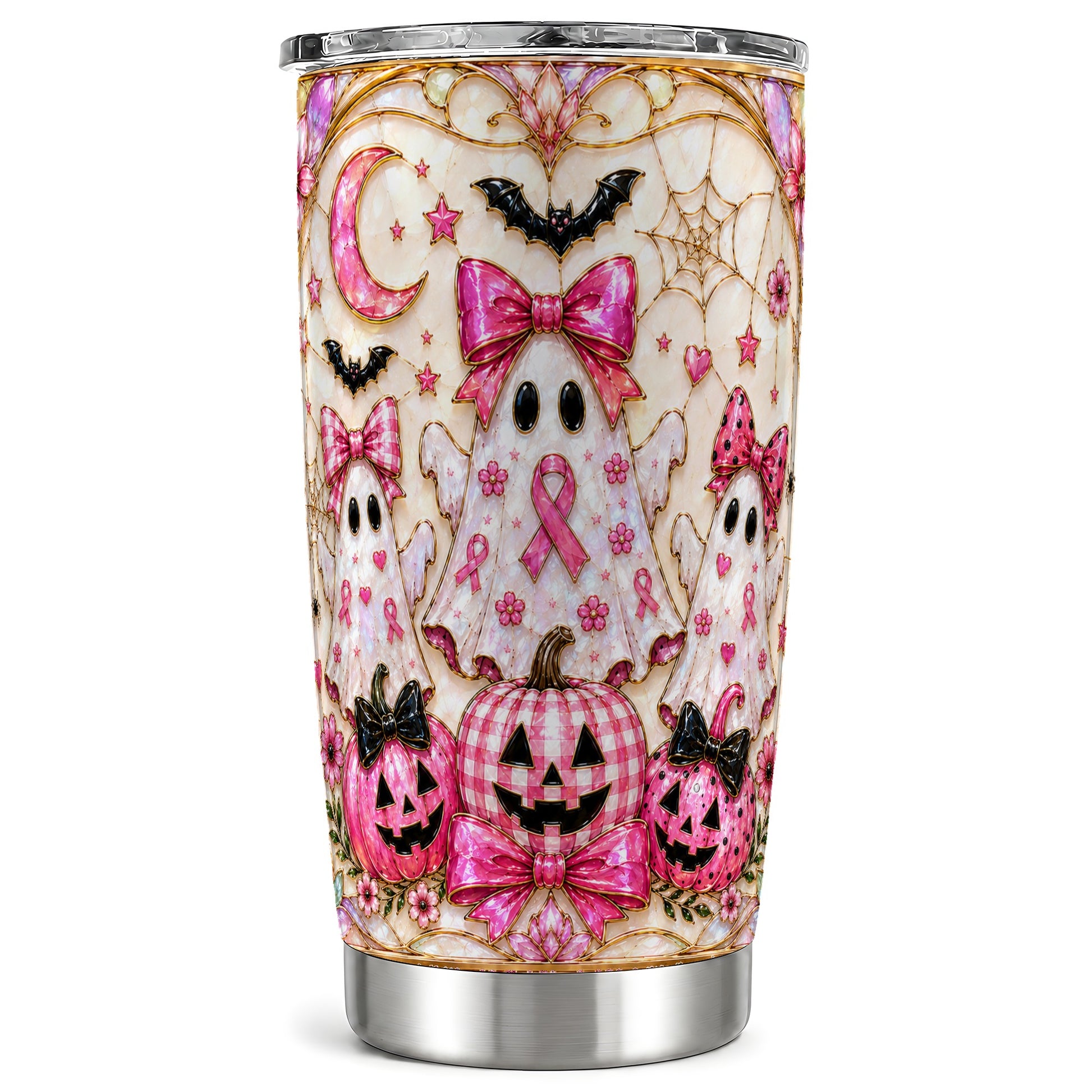 #pl[Steel] Pink Ghost Trio Tumbler 20oz, Halloween Tumbler, Stainless Steel Travel Cup