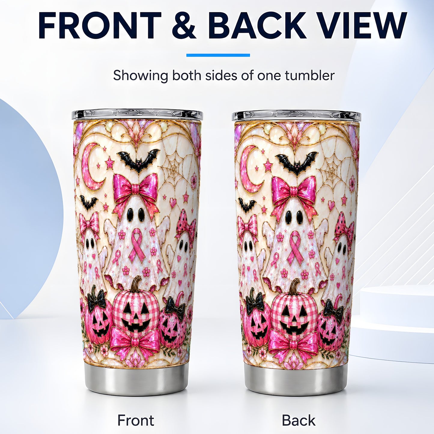 #pl[Steel] Pink Ghost Trio Tumbler 20oz, Halloween Tumbler, Stainless Steel Travel Cup