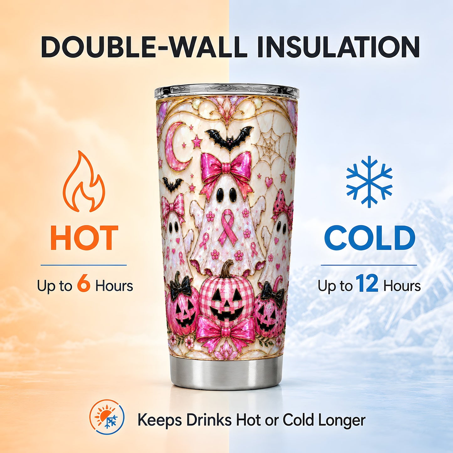 #pl[Steel] Pink Ghost Trio Tumbler 20oz, Halloween Tumbler, Stainless Steel Travel Cup