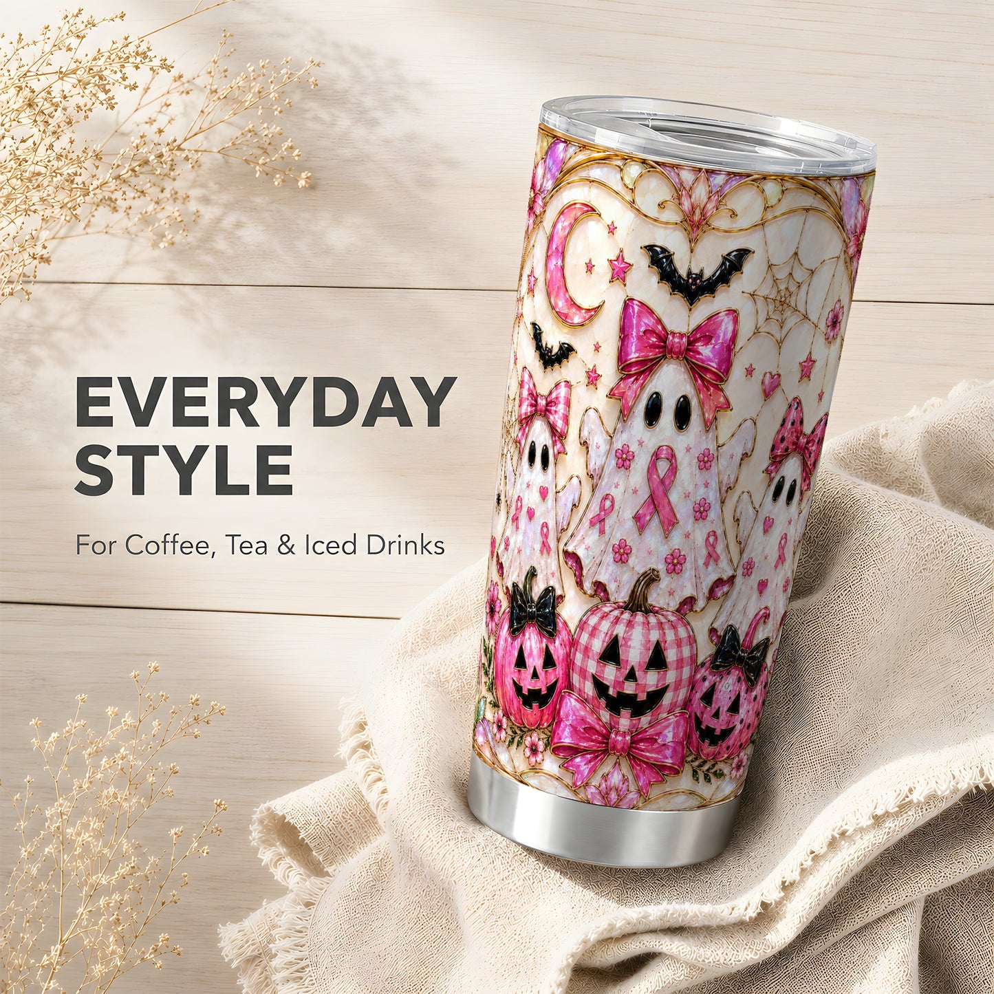 #pl[Steel] Pink Ghost Trio Tumbler 20oz, Halloween Tumbler, Stainless Steel Travel Cup