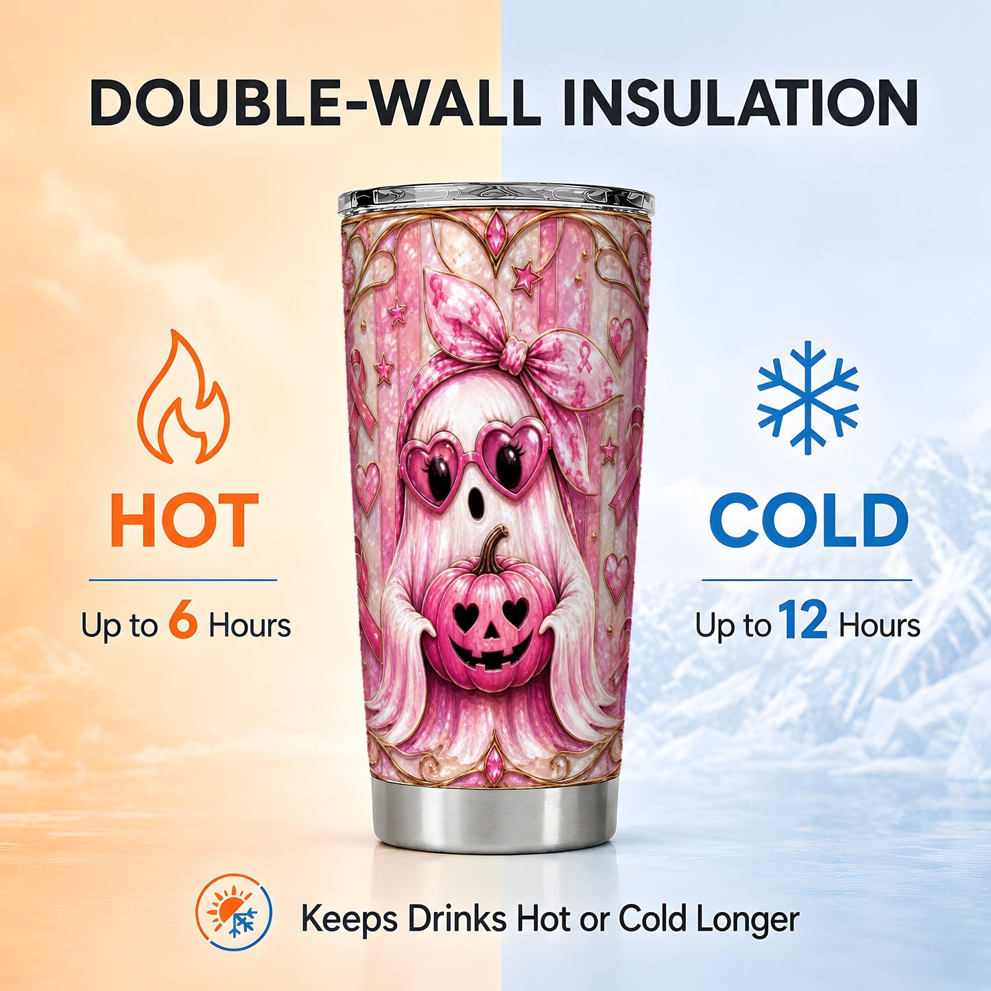 #pl[Steel] Pink Ghost Tumbler 20oz, Pumpkin Tumbler, Stainless Steel Travel Cup