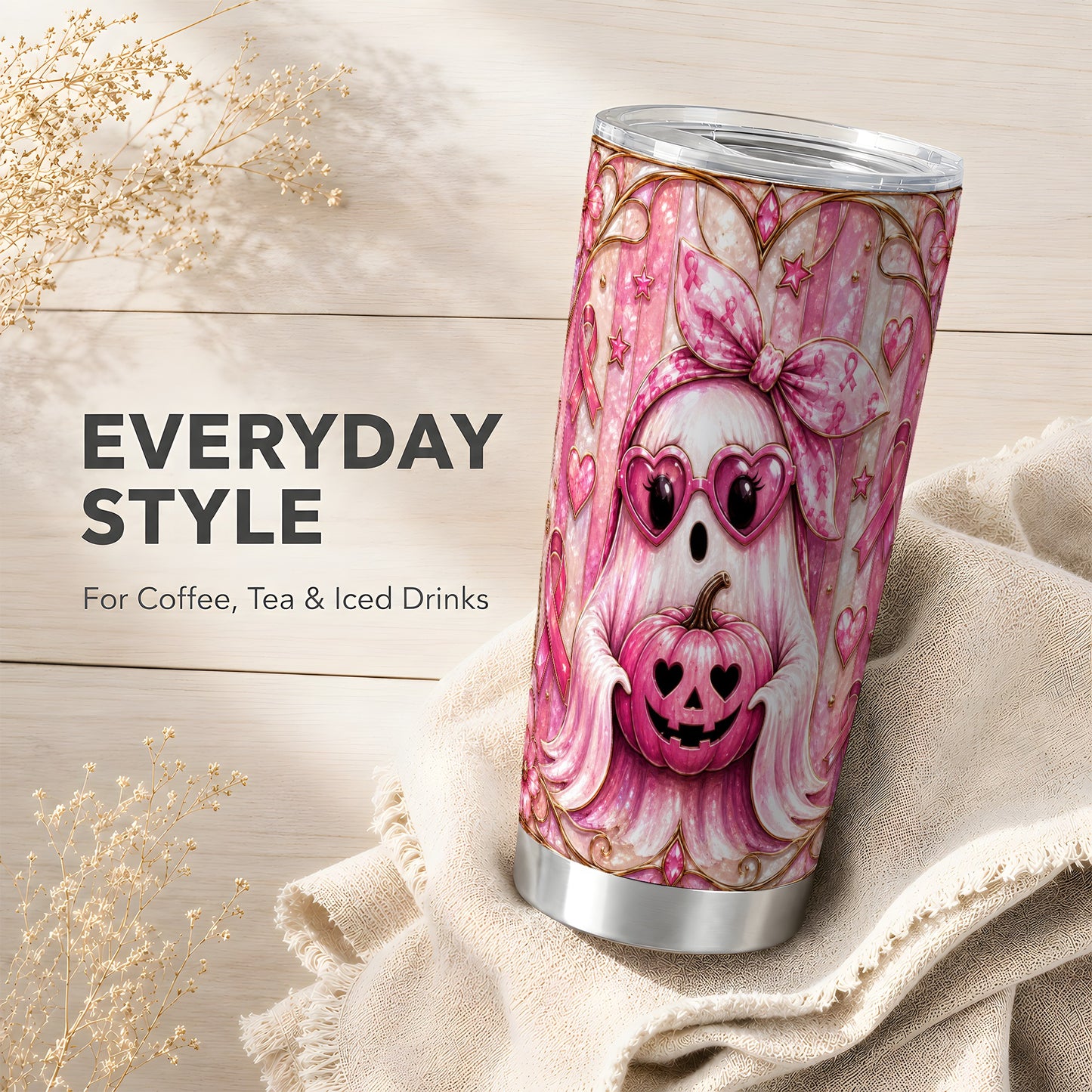 #pl[Steel] Pink Ghost Tumbler 20oz, Pumpkin Tumbler, Stainless Steel Travel Cup