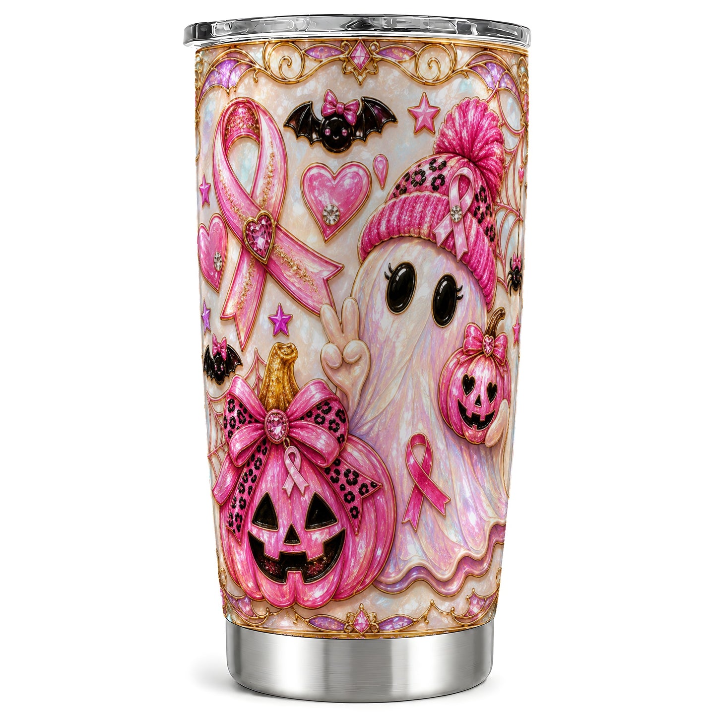 #pl[Steel] Pink Ribbon Tumbler 20oz, Ghost Tumbler, Stainless Steel Travel Cup
