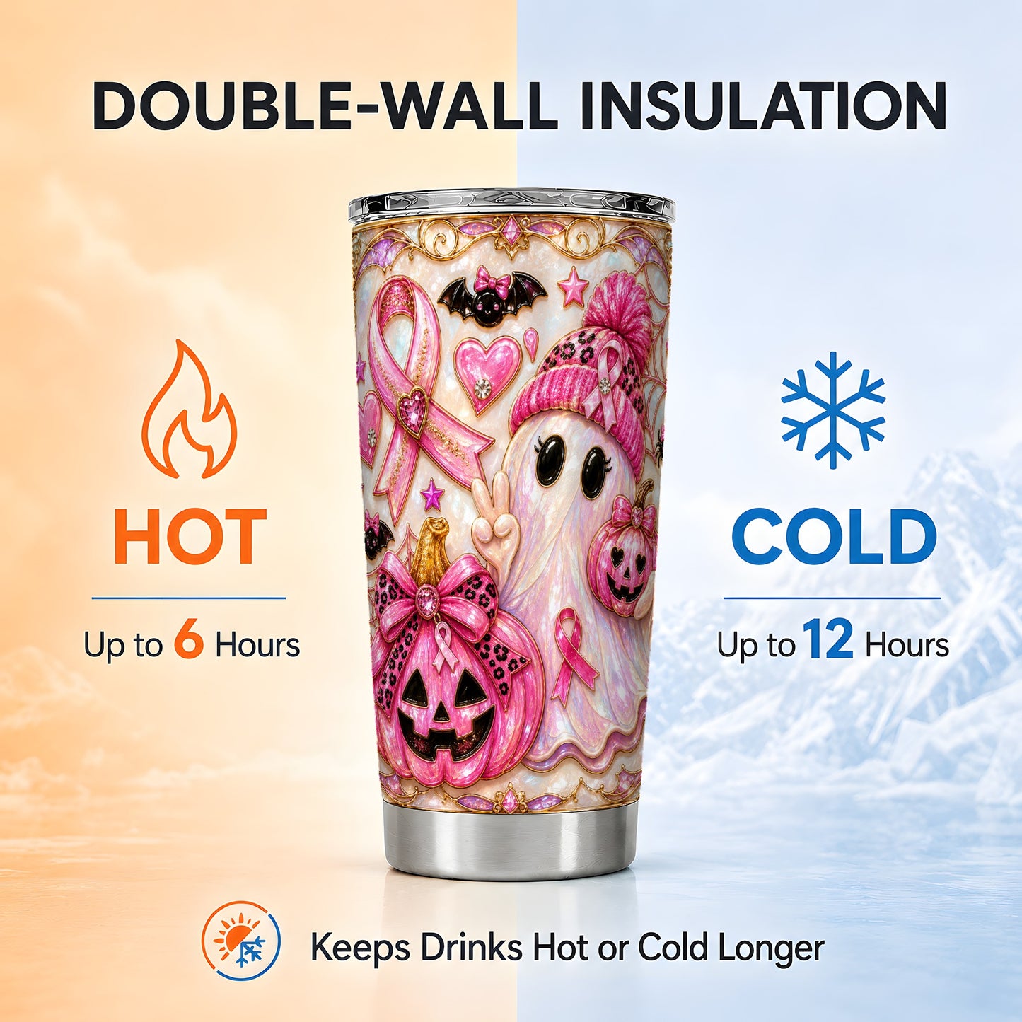 #pl[Steel] Pink Ribbon Tumbler 20oz, Ghost Tumbler, Stainless Steel Travel Cup