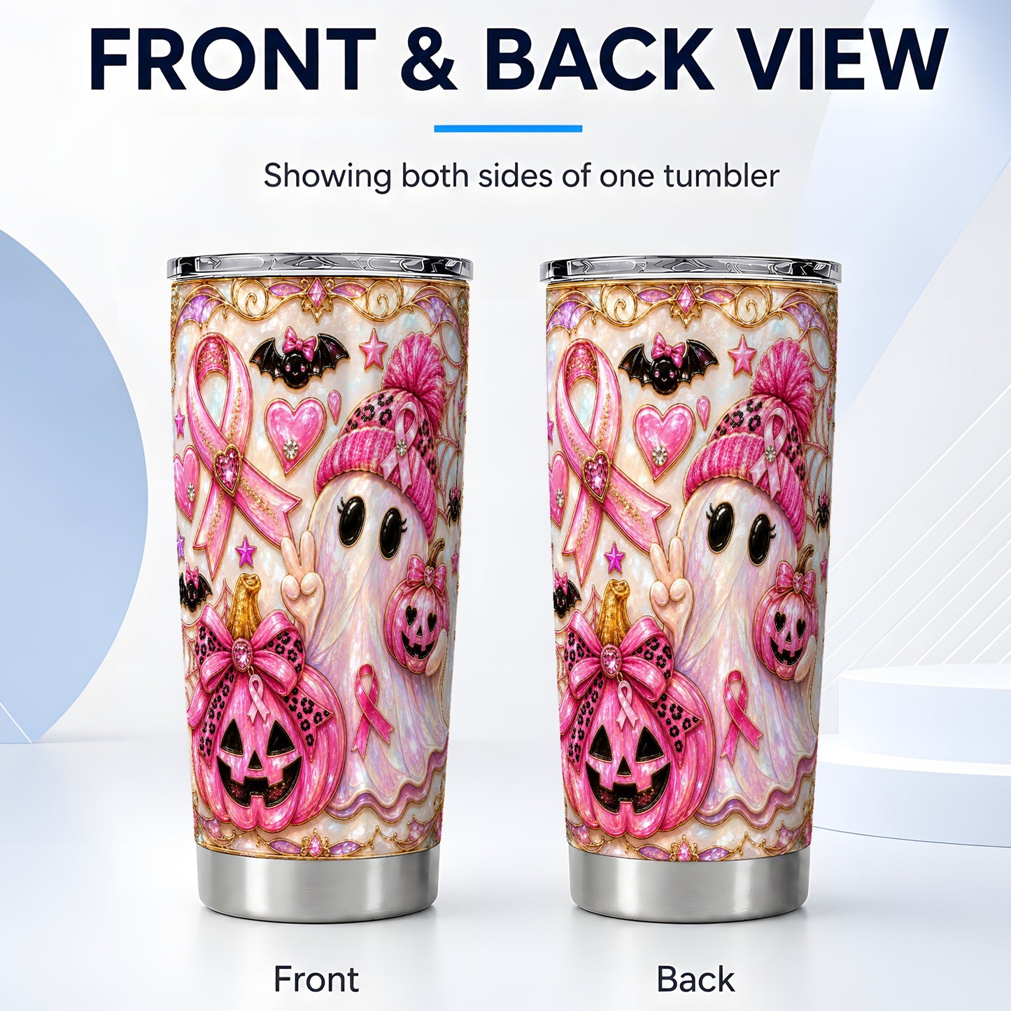 #pl[Steel] Pink Ribbon Tumbler 20oz, Ghost Tumbler, Stainless Steel Travel Cup