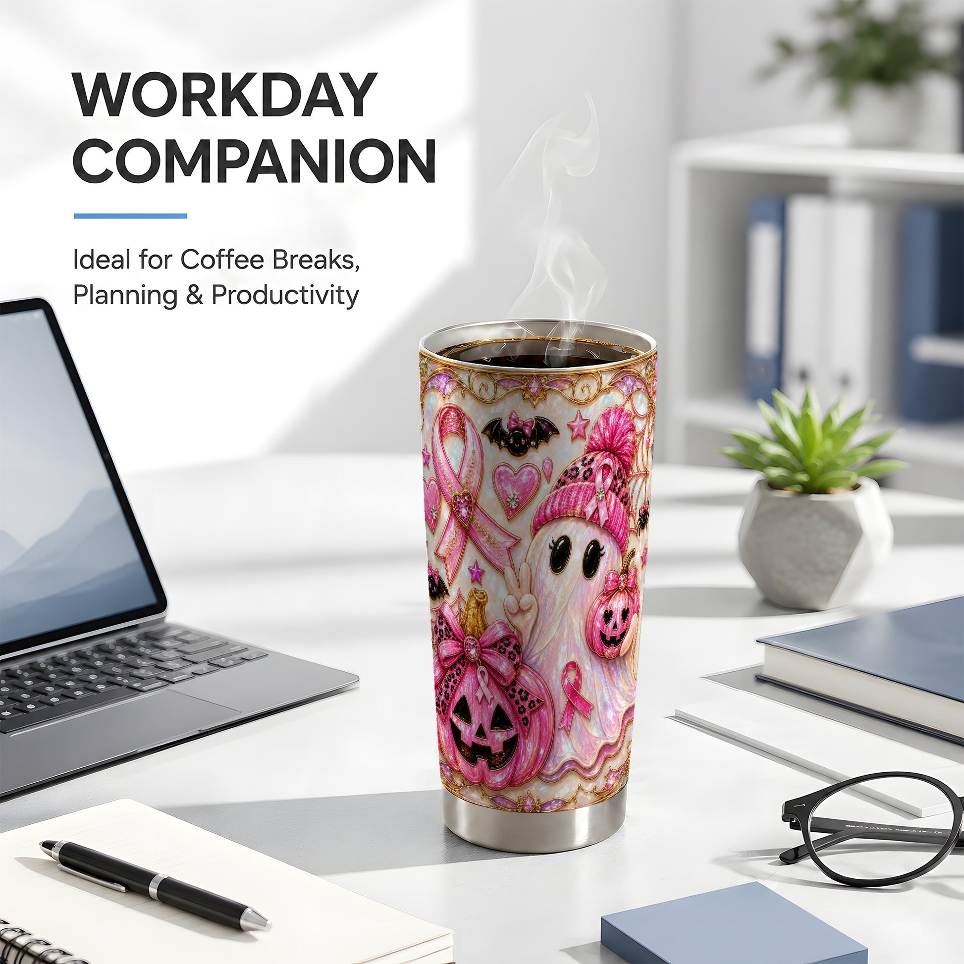 #pl[Steel] Pink Ribbon Tumbler 20oz, Ghost Tumbler, Stainless Steel Travel Cup