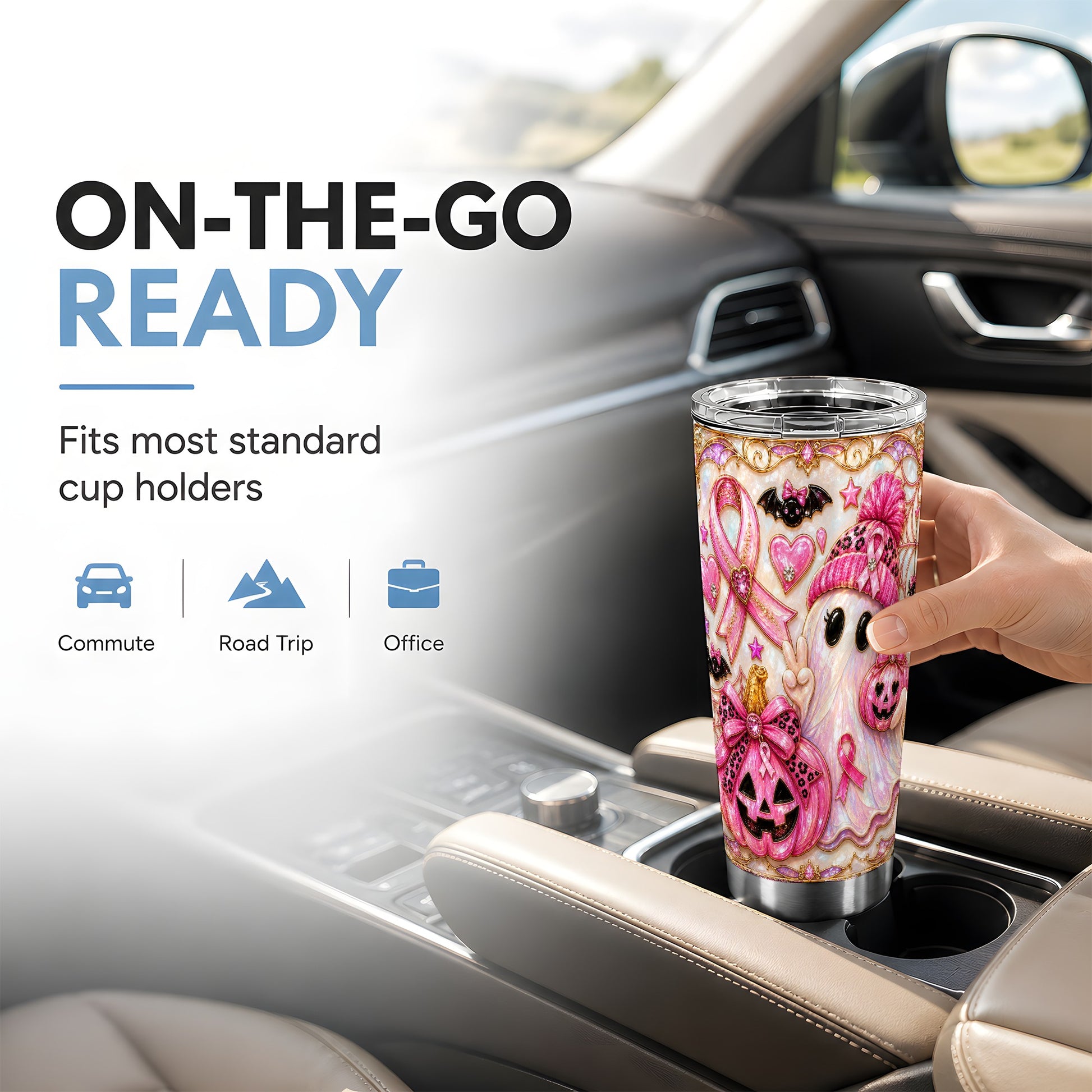 #pl[Steel] Pink Ribbon Tumbler 20oz, Ghost Tumbler, Stainless Steel Travel Cup