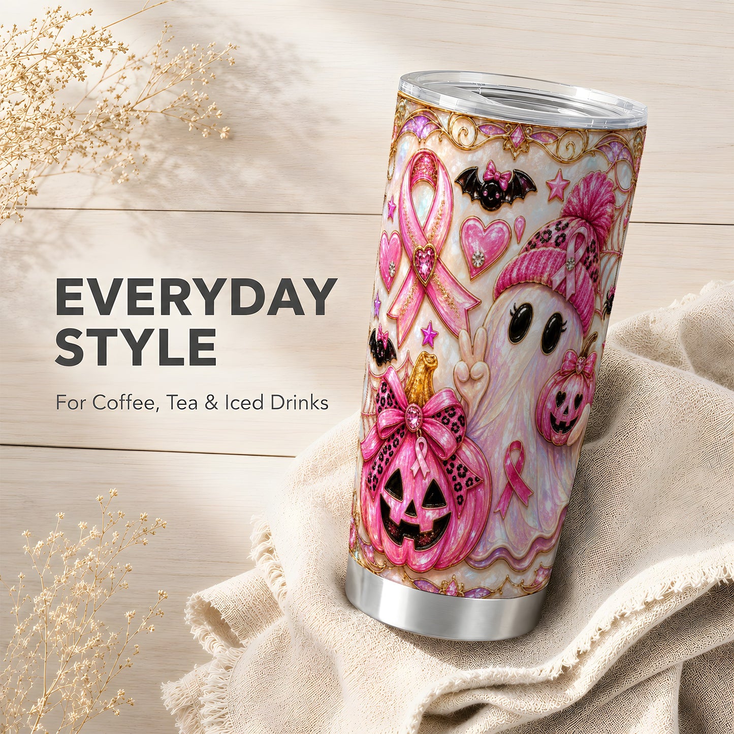#pl[Steel] Pink Ribbon Tumbler 20oz, Ghost Tumbler, Stainless Steel Travel Cup