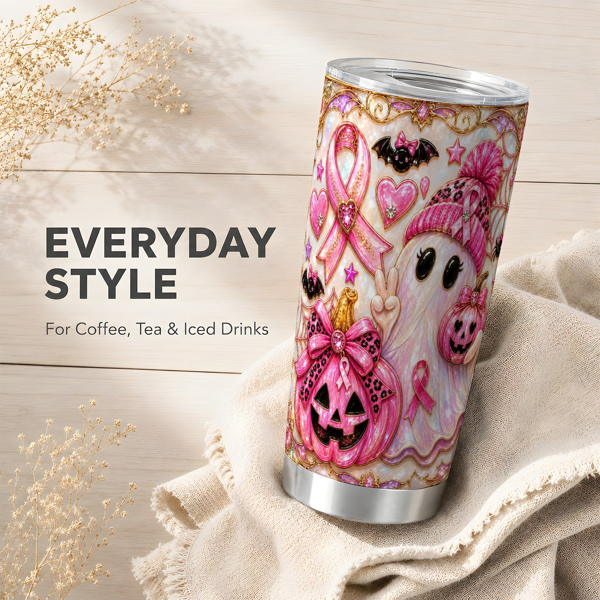 #pl[Steel] Pink Ribbon Tumbler 20oz, Ghost Tumbler, Stainless Steel Travel Cup