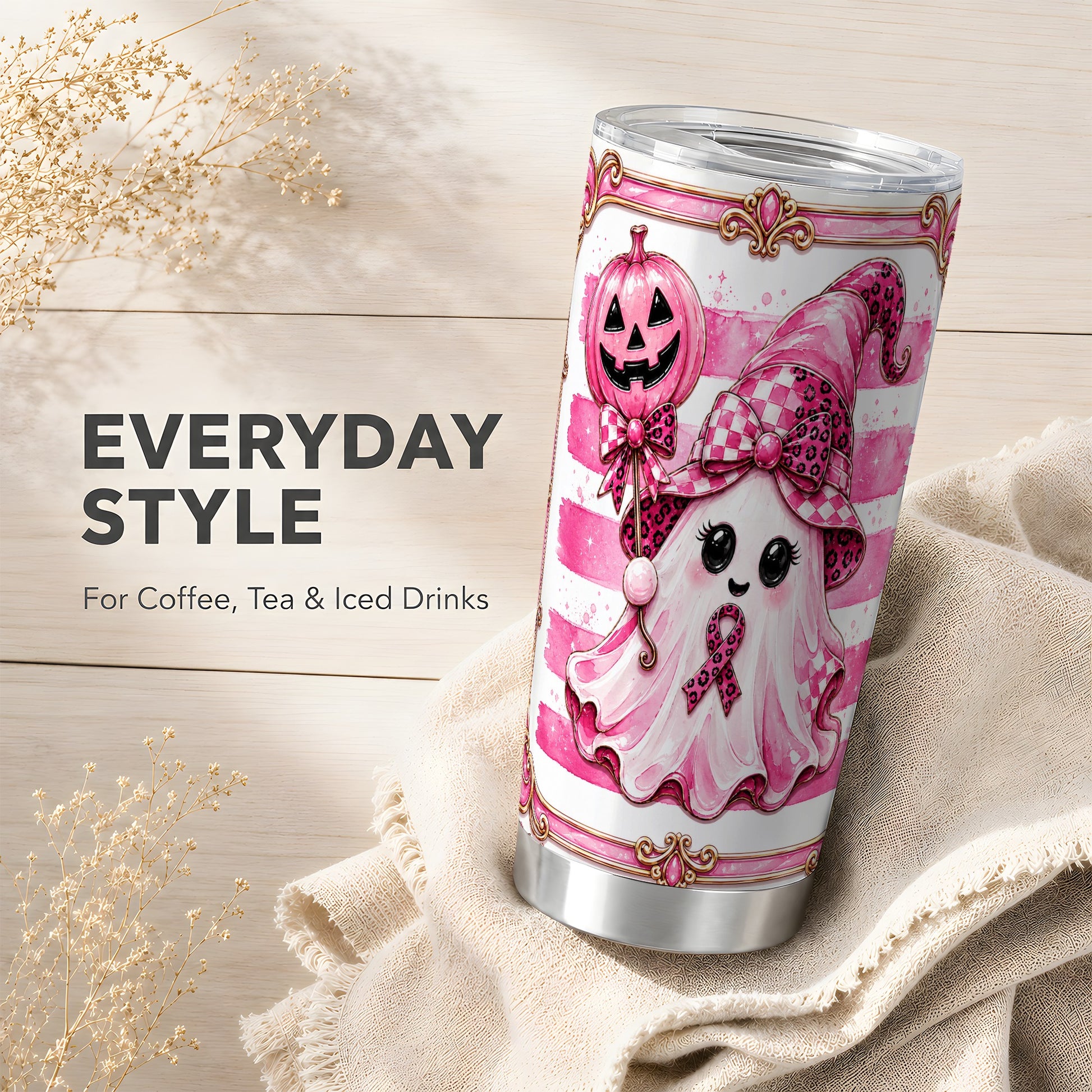 #pl[Steel] Pink Ghost Tumbler 20oz, Witch Tumbler, Stainless Steel Travel Cup
