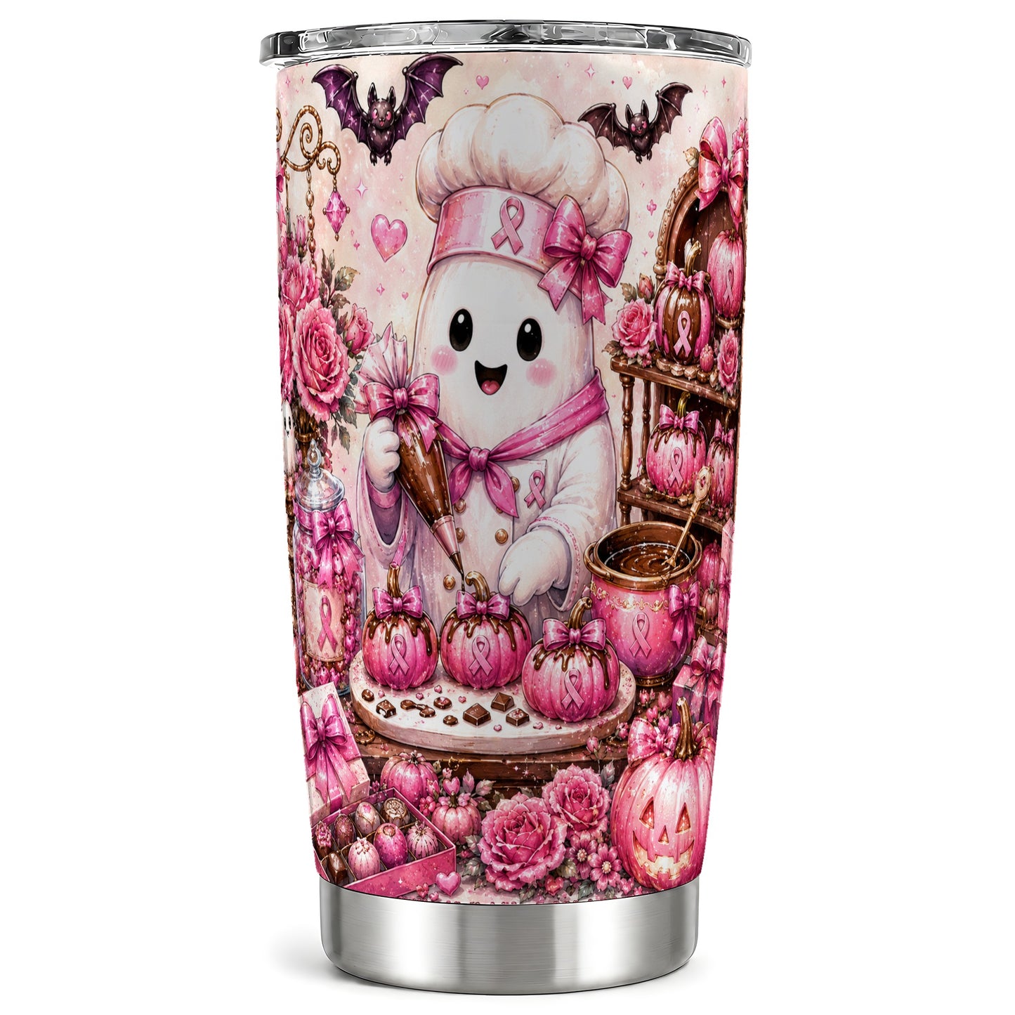 #pl[Steel] Chef Ghost Tumbler 20oz, Pink Ribbon Tumbler, Stainless Steel Travel Cup