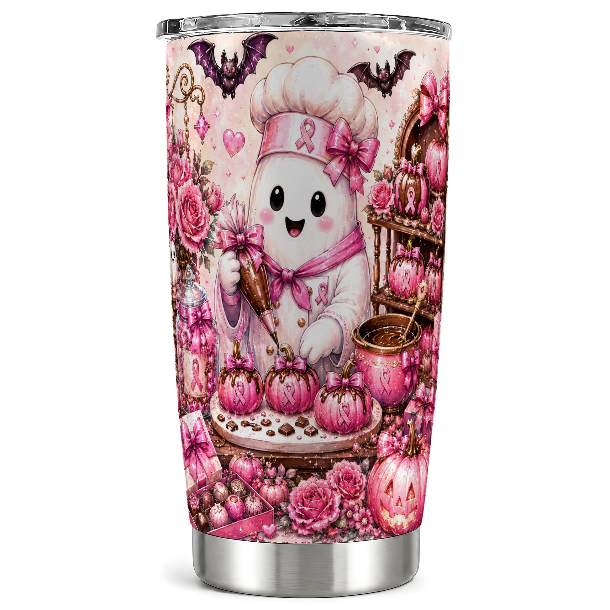 #pl[Steel] Chef Ghost Tumbler 20oz, Pink Ribbon Tumbler, Stainless Steel Travel Cup