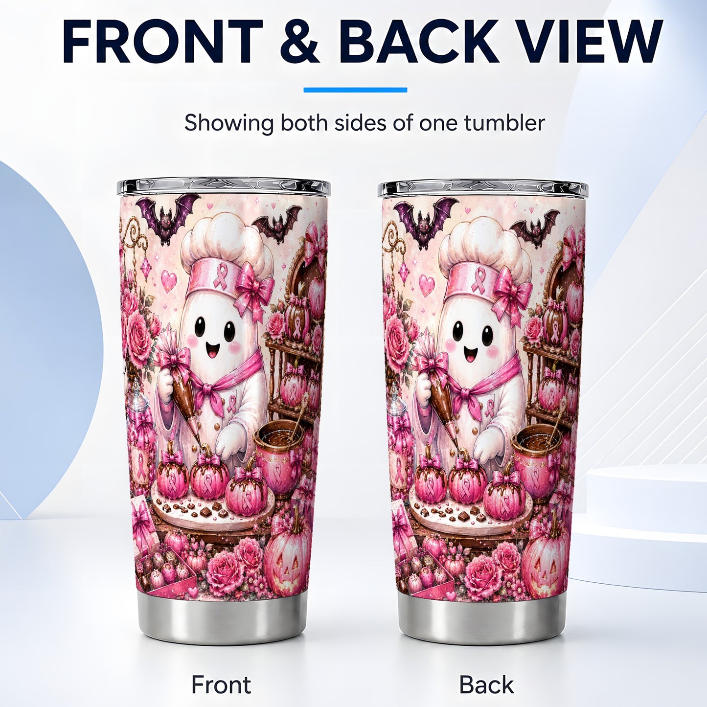 #pl[Steel] Chef Ghost Tumbler 20oz, Pink Ribbon Tumbler, Stainless Steel Travel Cup
