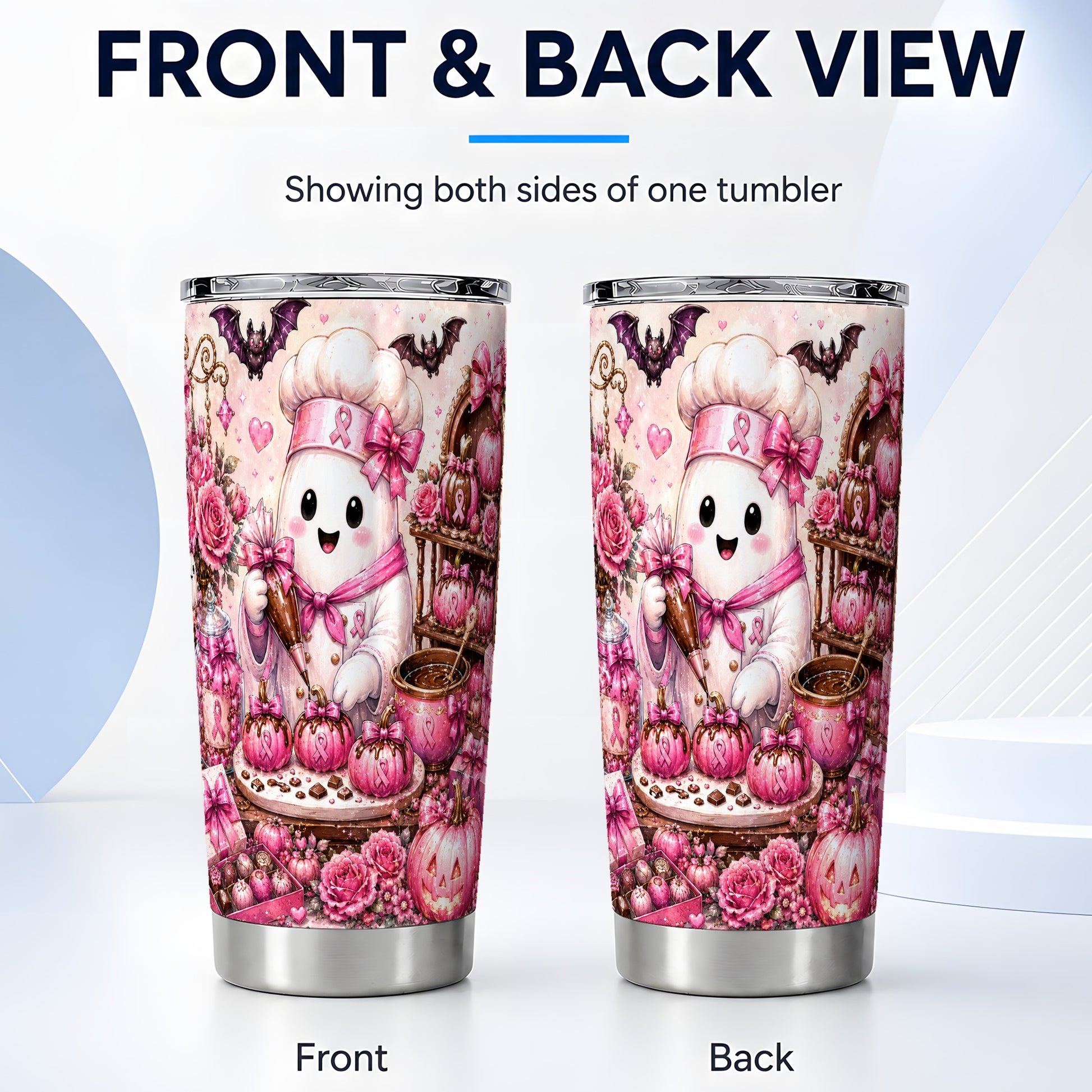 #pl[Steel] Chef Ghost Tumbler 20oz, Pink Ribbon Tumbler, Stainless Steel Travel Cup