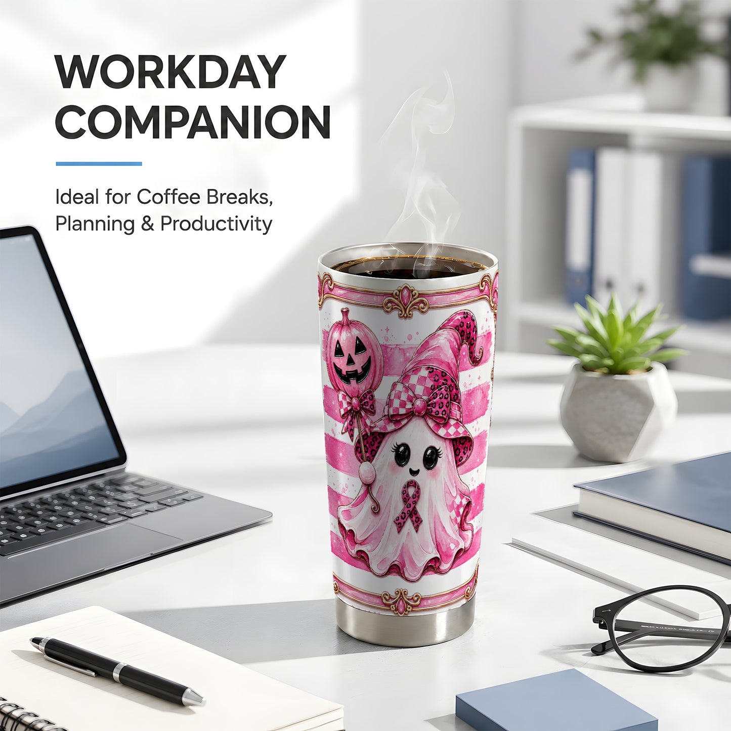 #pl[Steel] Pink Ghost Tumbler 20oz, Witch Tumbler, Stainless Steel Travel Cup