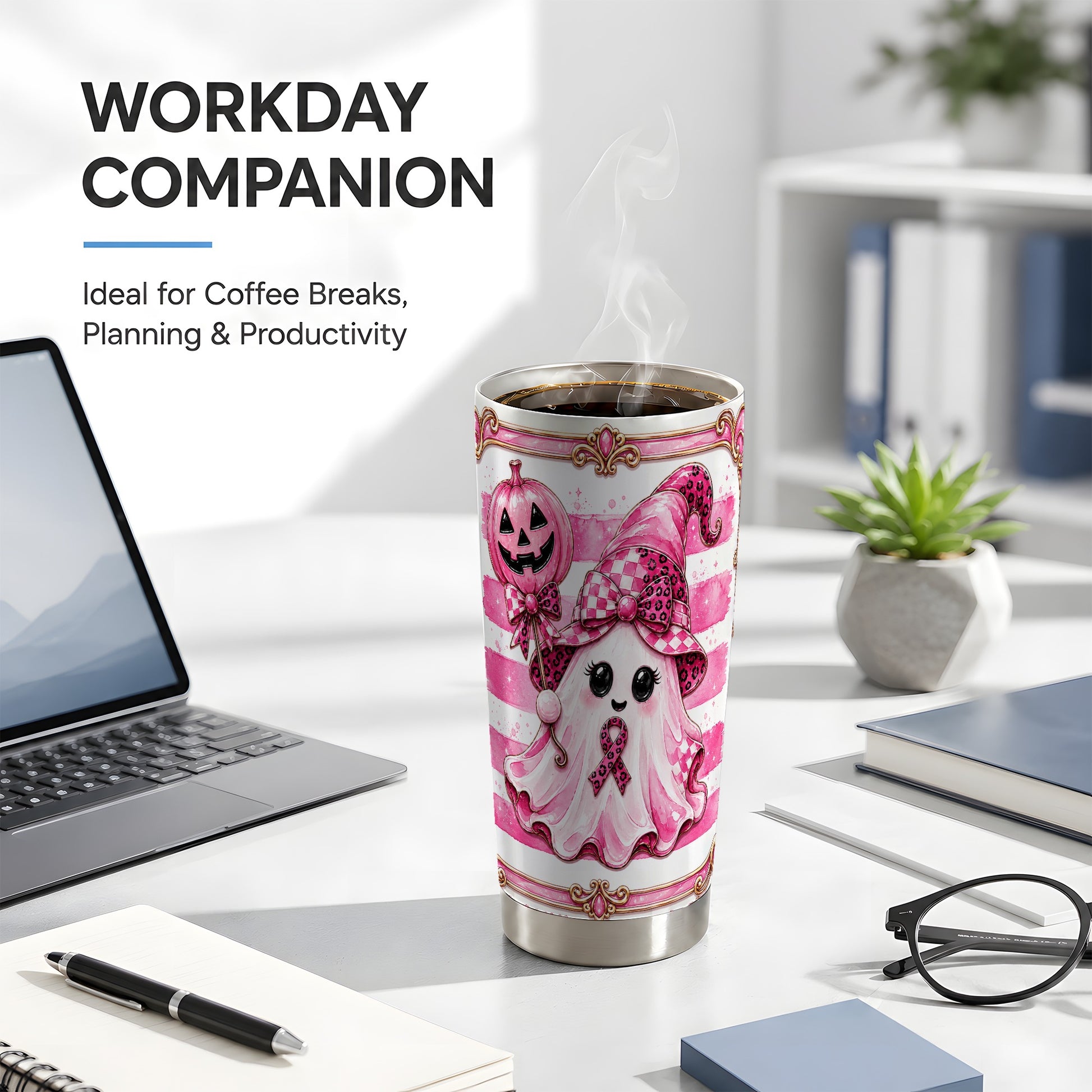#pl[Steel] Pink Ghost Tumbler 20oz, Witch Tumbler, Stainless Steel Travel Cup