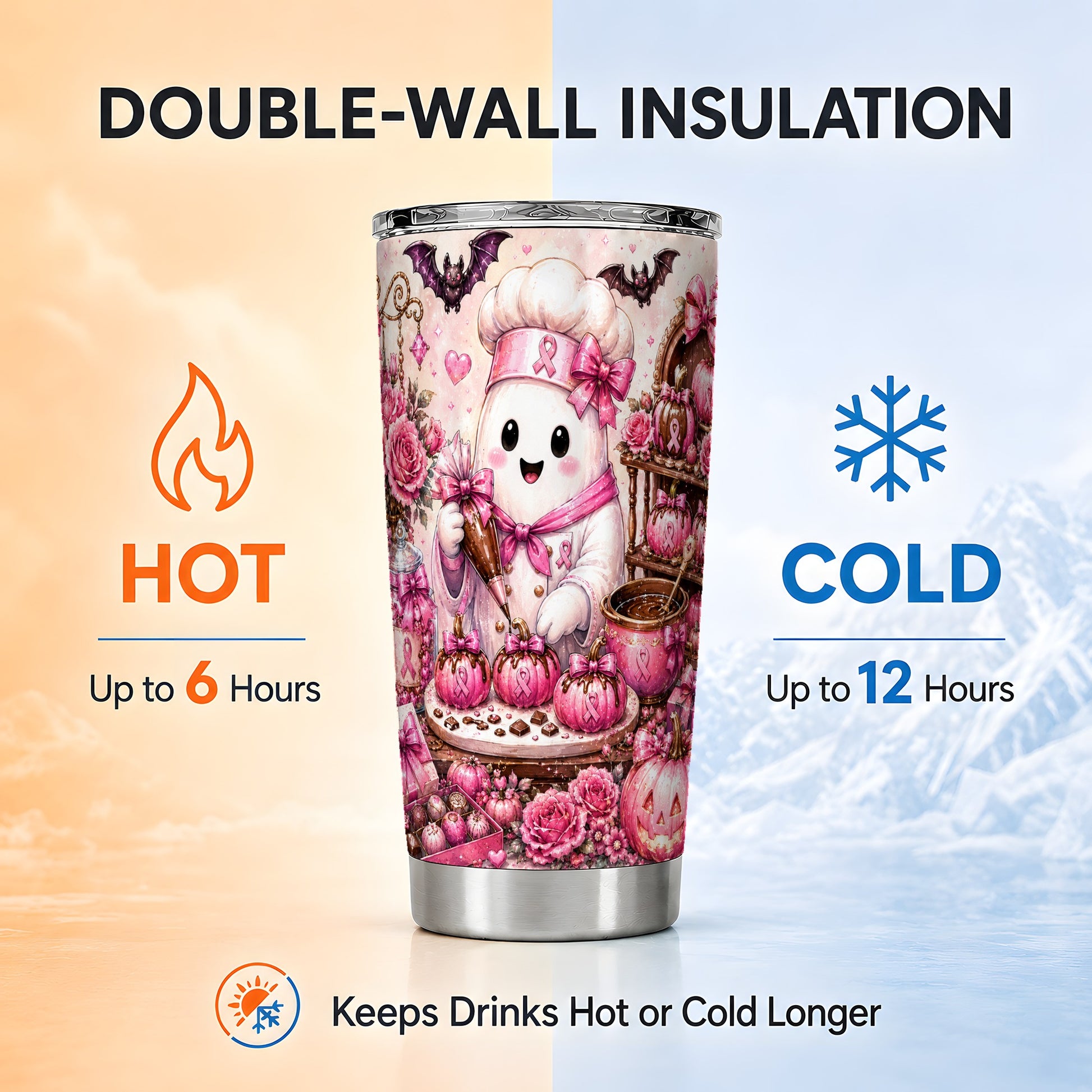 #pl[Steel] Chef Ghost Tumbler 20oz, Pink Ribbon Tumbler, Stainless Steel Travel Cup