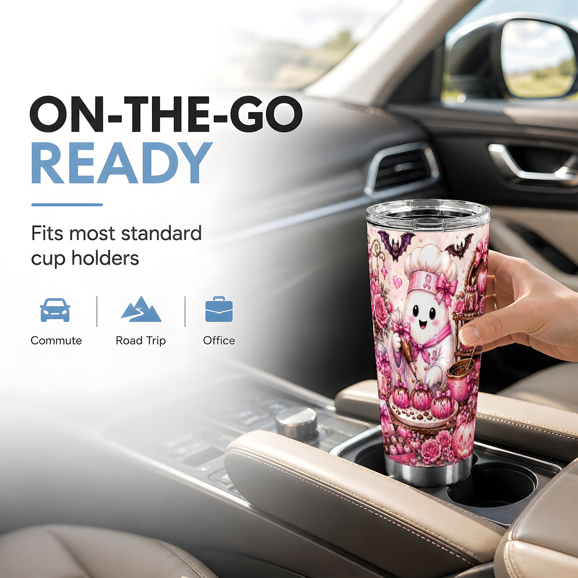 #pl[Steel] Chef Ghost Tumbler 20oz, Pink Ribbon Tumbler, Stainless Steel Travel Cup