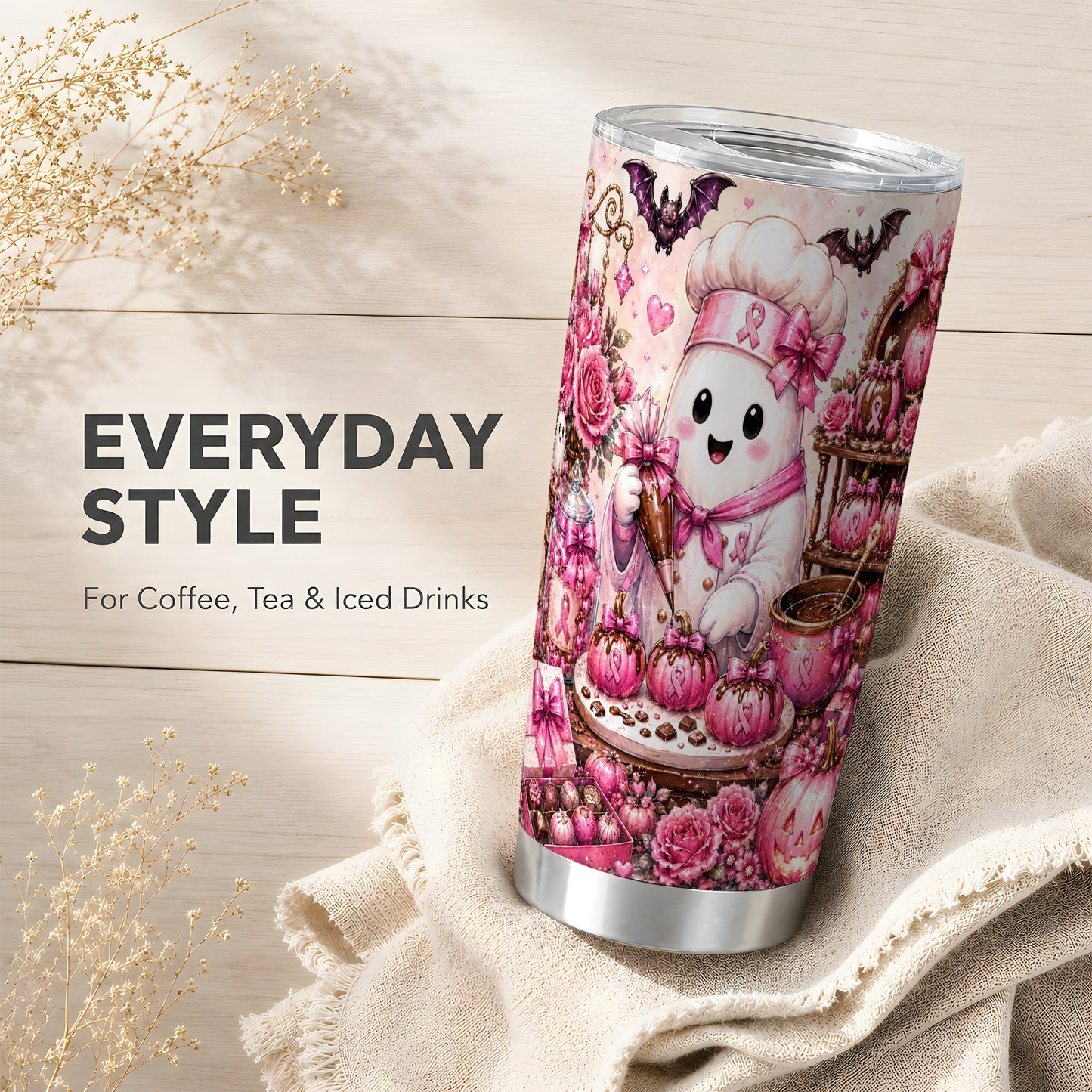 #pl[Steel] Chef Ghost Tumbler 20oz, Pink Ribbon Tumbler, Stainless Steel Travel Cup