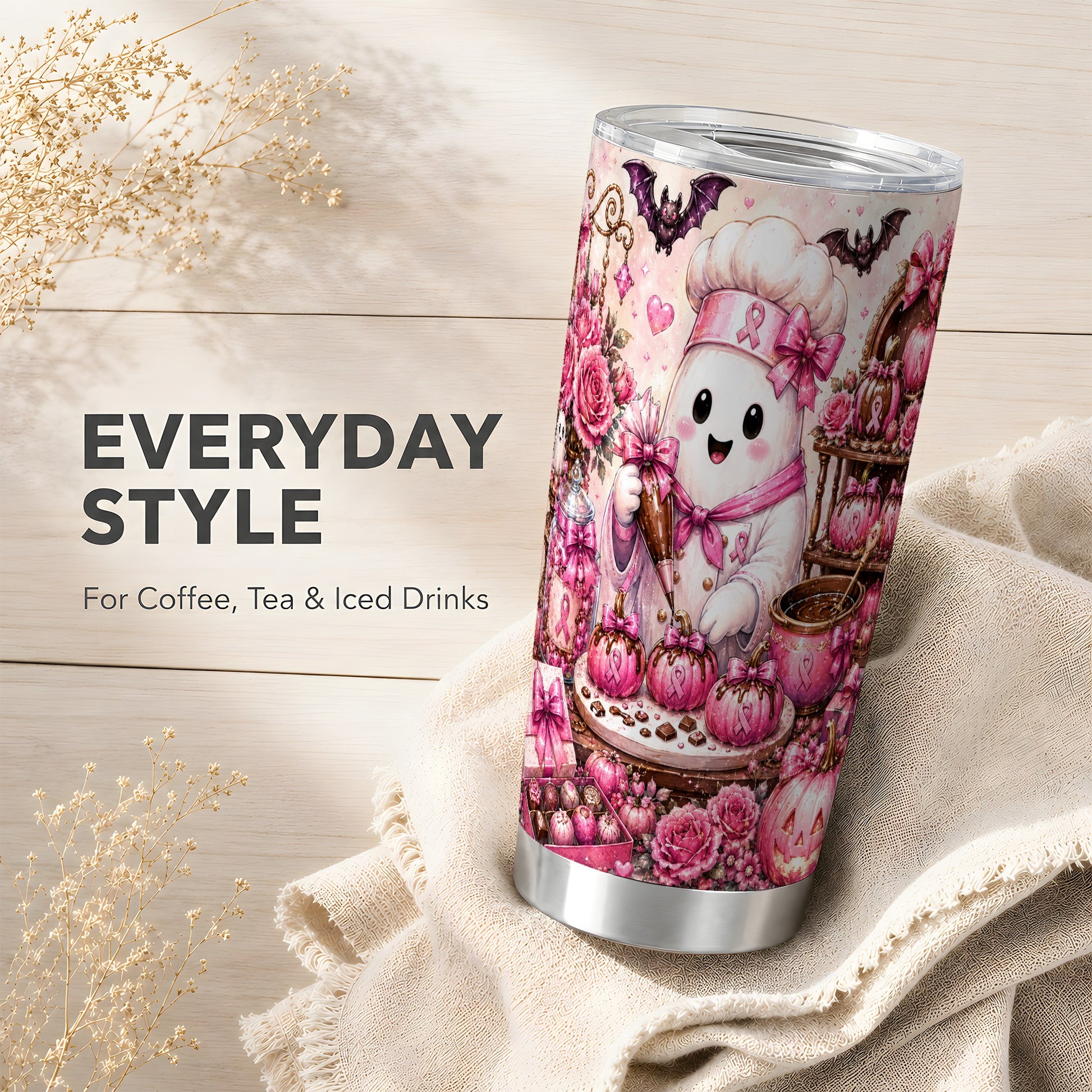 #pl[Steel] Chef Ghost Tumbler 20oz, Pink Ribbon Tumbler, Stainless Steel Travel Cup