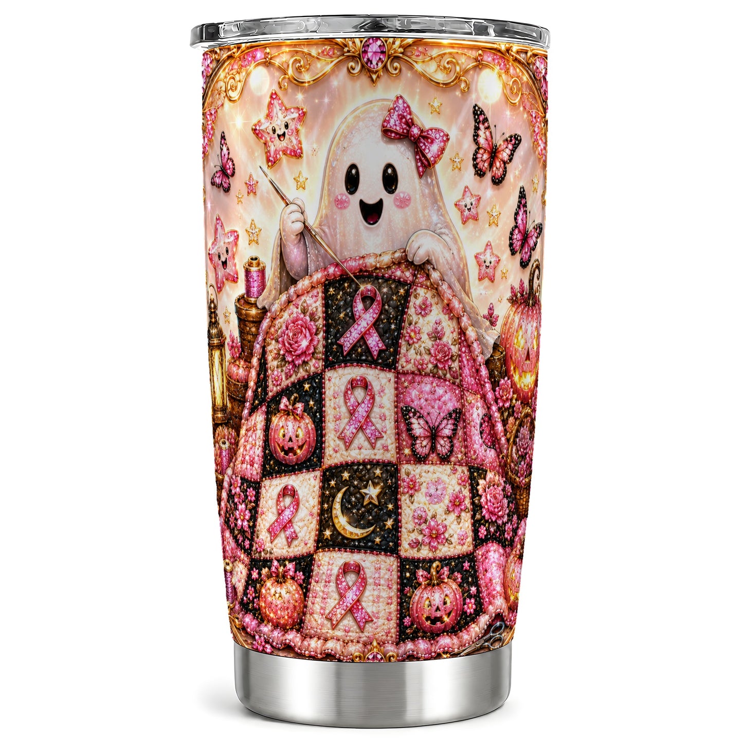 #pl[Steel] Quilt Ghost Tumbler 20oz, Pink Ribbon Tumbler, Stainless Steel Travel Cup