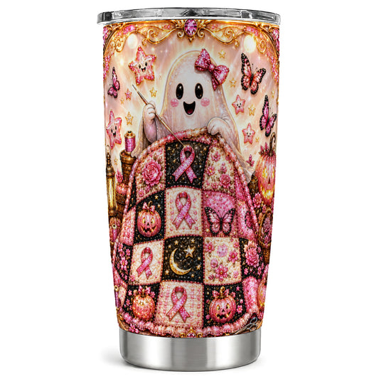 #pl[Steel] Quilt Ghost Tumbler 20oz, Pink Ribbon Tumbler, Stainless Steel Travel Cup