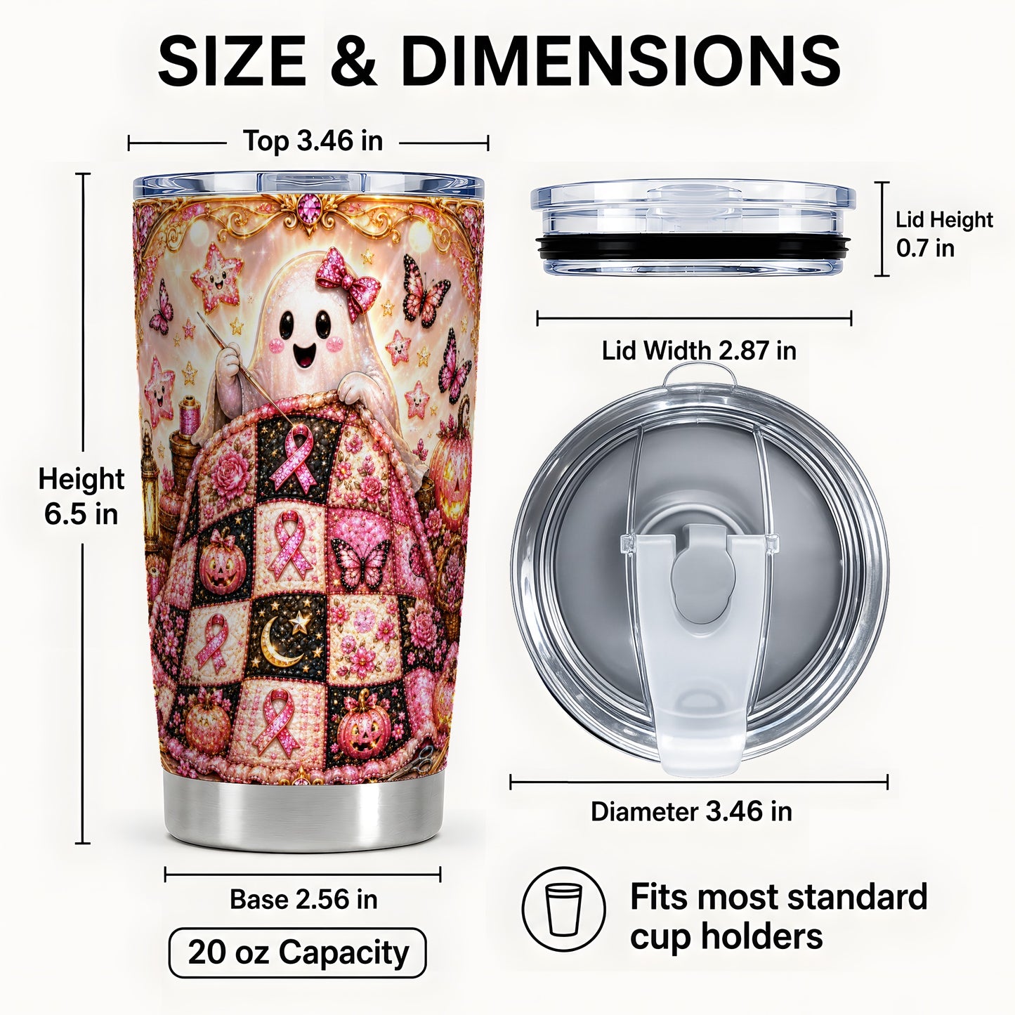 #pl[Steel] Quilt Ghost Tumbler 20oz, Pink Ribbon Tumbler, Stainless Steel Travel Cup