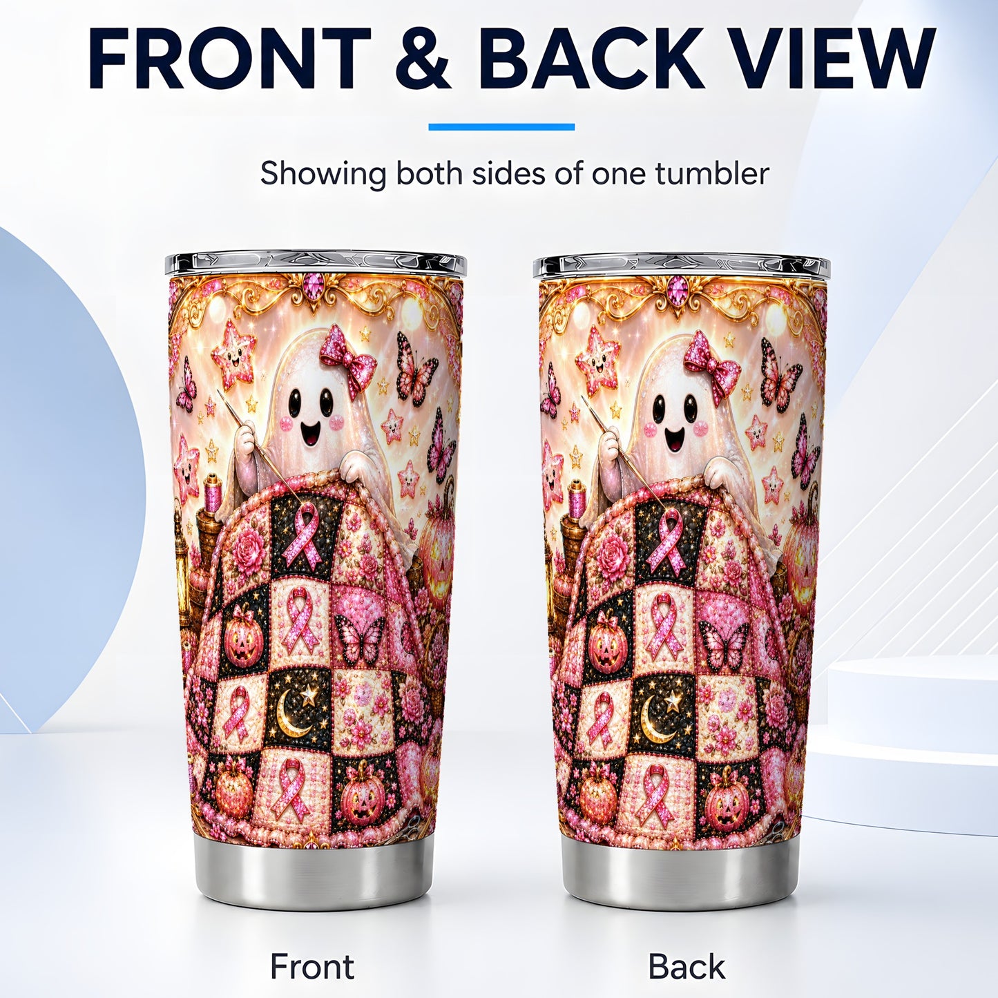 #pl[Steel] Quilt Ghost Tumbler 20oz, Pink Ribbon Tumbler, Stainless Steel Travel Cup
