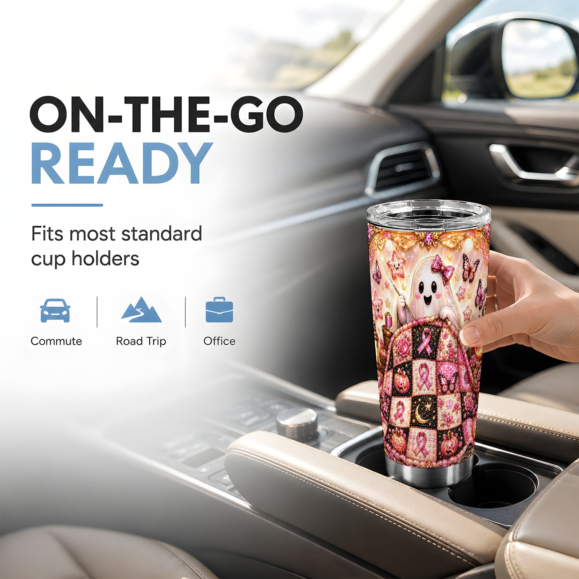 #pl[Steel] Quilt Ghost Tumbler 20oz, Pink Ribbon Tumbler, Stainless Steel Travel Cup