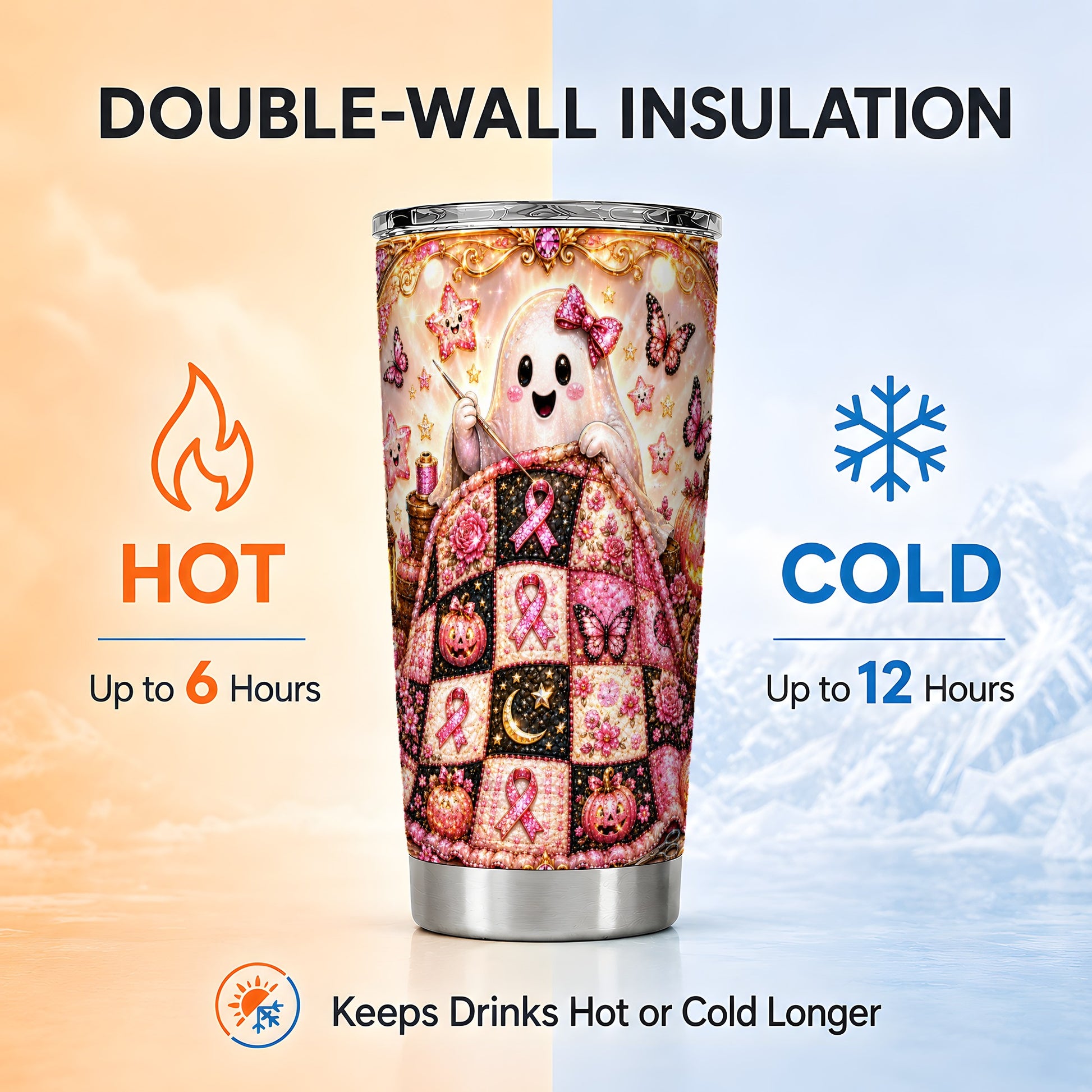 #pl[Steel] Quilt Ghost Tumbler 20oz, Pink Ribbon Tumbler, Stainless Steel Travel Cup