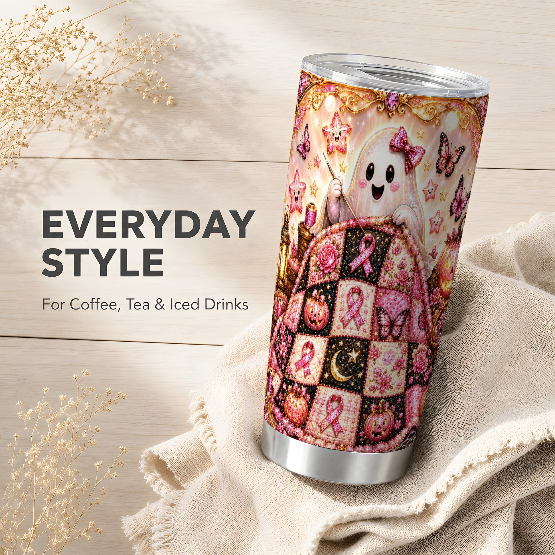 #pl[Steel] Quilt Ghost Tumbler 20oz, Pink Ribbon Tumbler, Stainless Steel Travel Cup