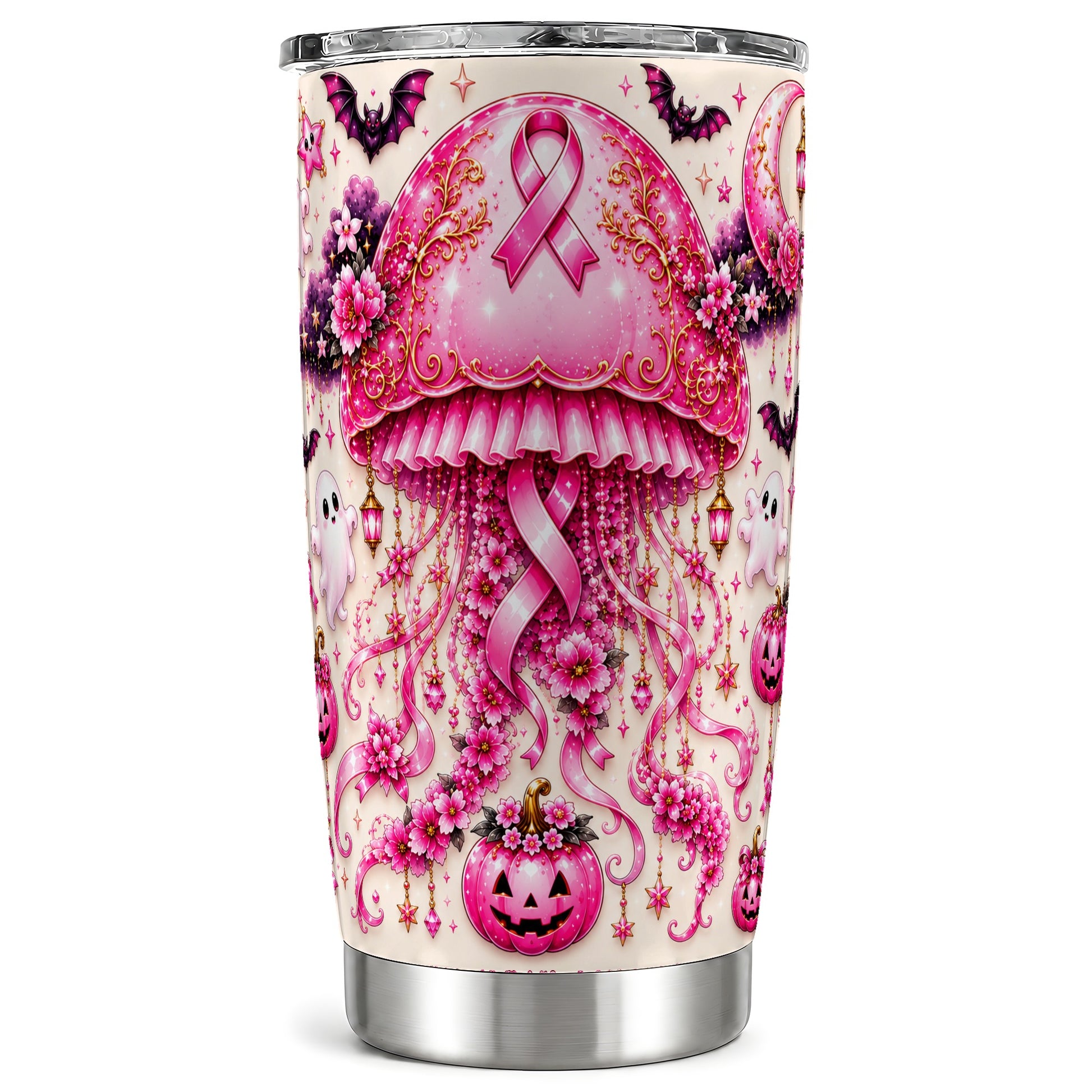 #pl[Steel] Pink Jellyfish Tumbler 20oz, Ribbon Tumbler, Stainless Steel Travel Cup