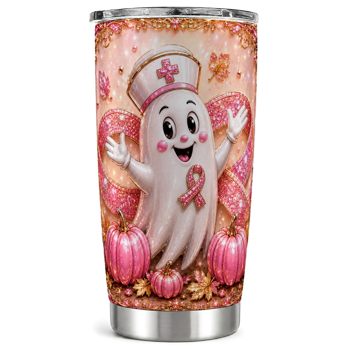 #pl[Steel] Nurse Ghost Tumbler 20oz, Pink Ribbon Tumbler, Stainless Steel Travel Cup