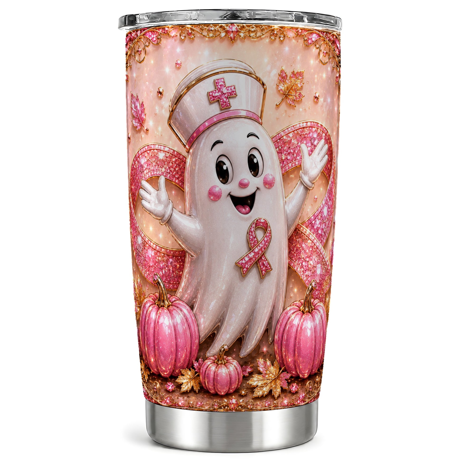 #pl[Steel] Nurse Ghost Tumbler 20oz, Pink Ribbon Tumbler, Stainless Steel Travel Cup