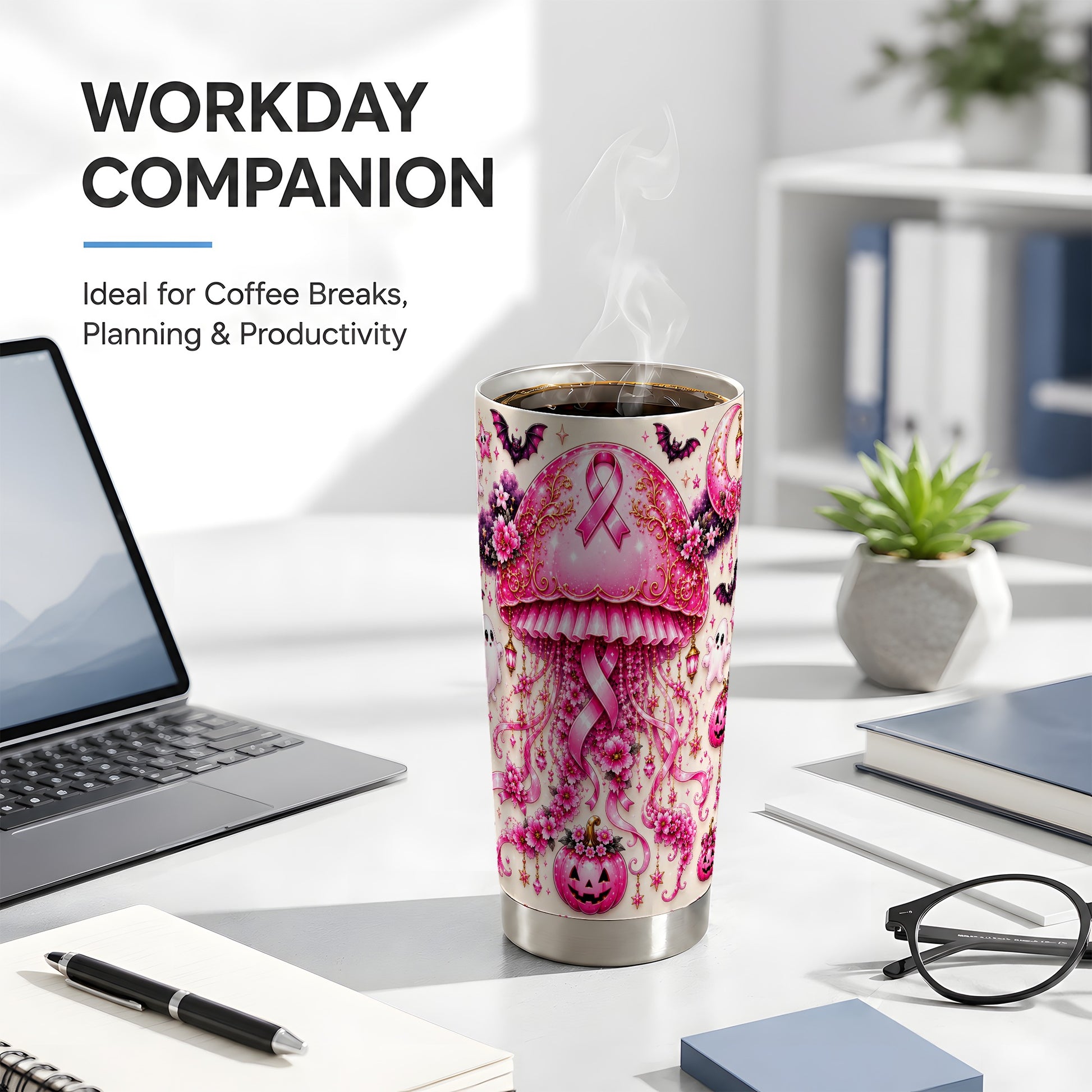 #pl[Steel] Pink Jellyfish Tumbler 20oz, Ribbon Tumbler, Stainless Steel Travel Cup