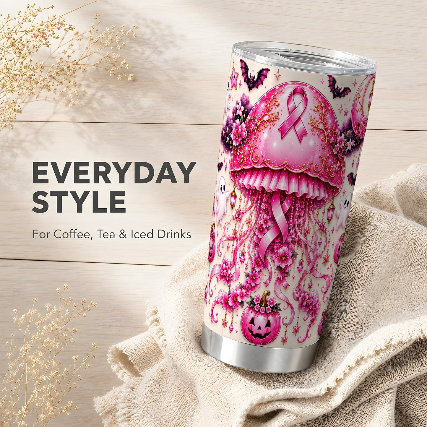 #pl[Steel] Pink Jellyfish Tumbler 20oz, Ribbon Tumbler, Stainless Steel Travel Cup
